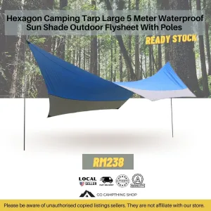 Hexagon Camping Tarp Large 5 meter Outdoor Waterproof Flysheet With Poles Blue Grey Color