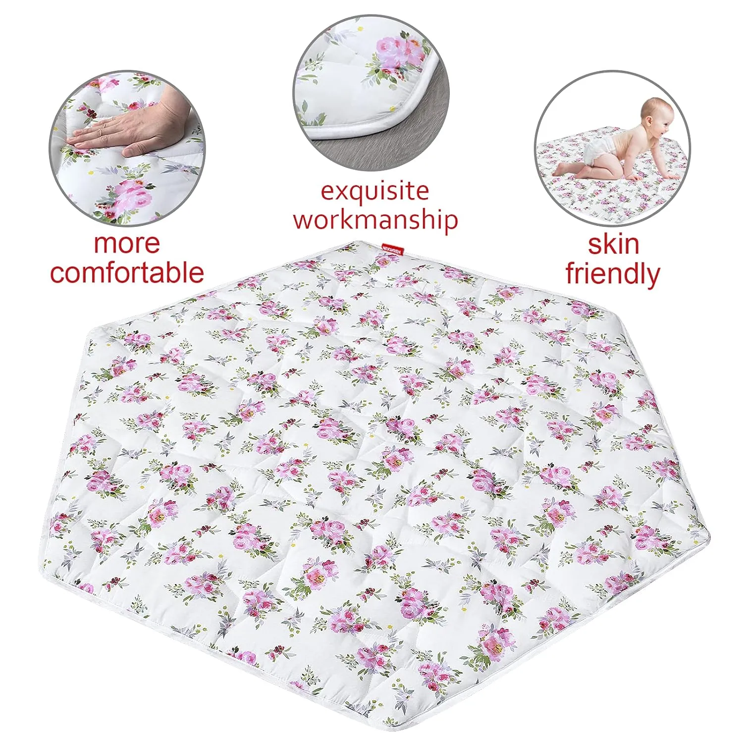 Hexagon Playpen Mat, Floral Print Baby Playmat fits Regalo Portable Play Yard 48 Inch, Six Pannel Playpen Kids Tent Mat Hexagon Rug Mat