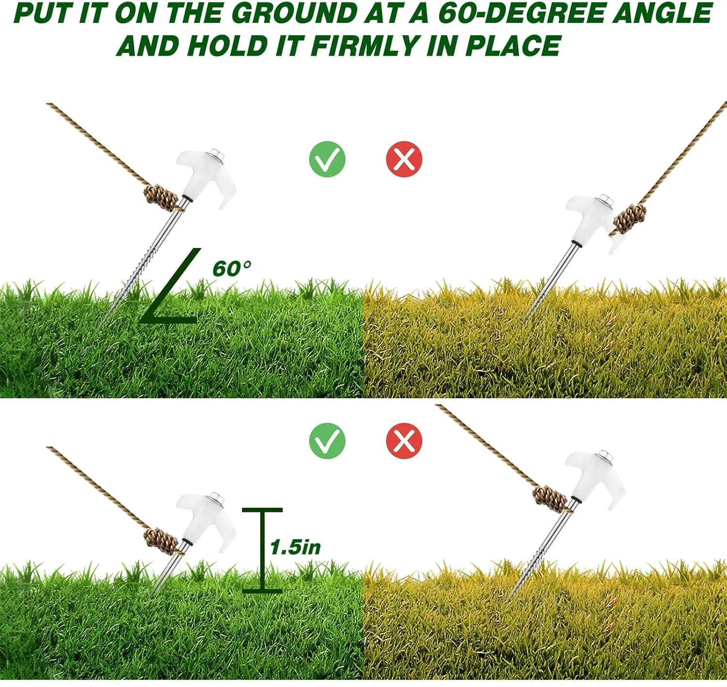 Hicarer 60 Pcs 20 Pcs 8'' Screw in Tent Stakes Heavy Duty Ground Metal Stakes for Inflatables with Hex Head Driver for Outdoor Camping Tent Inflatable Garden Decor (Luminous White)
