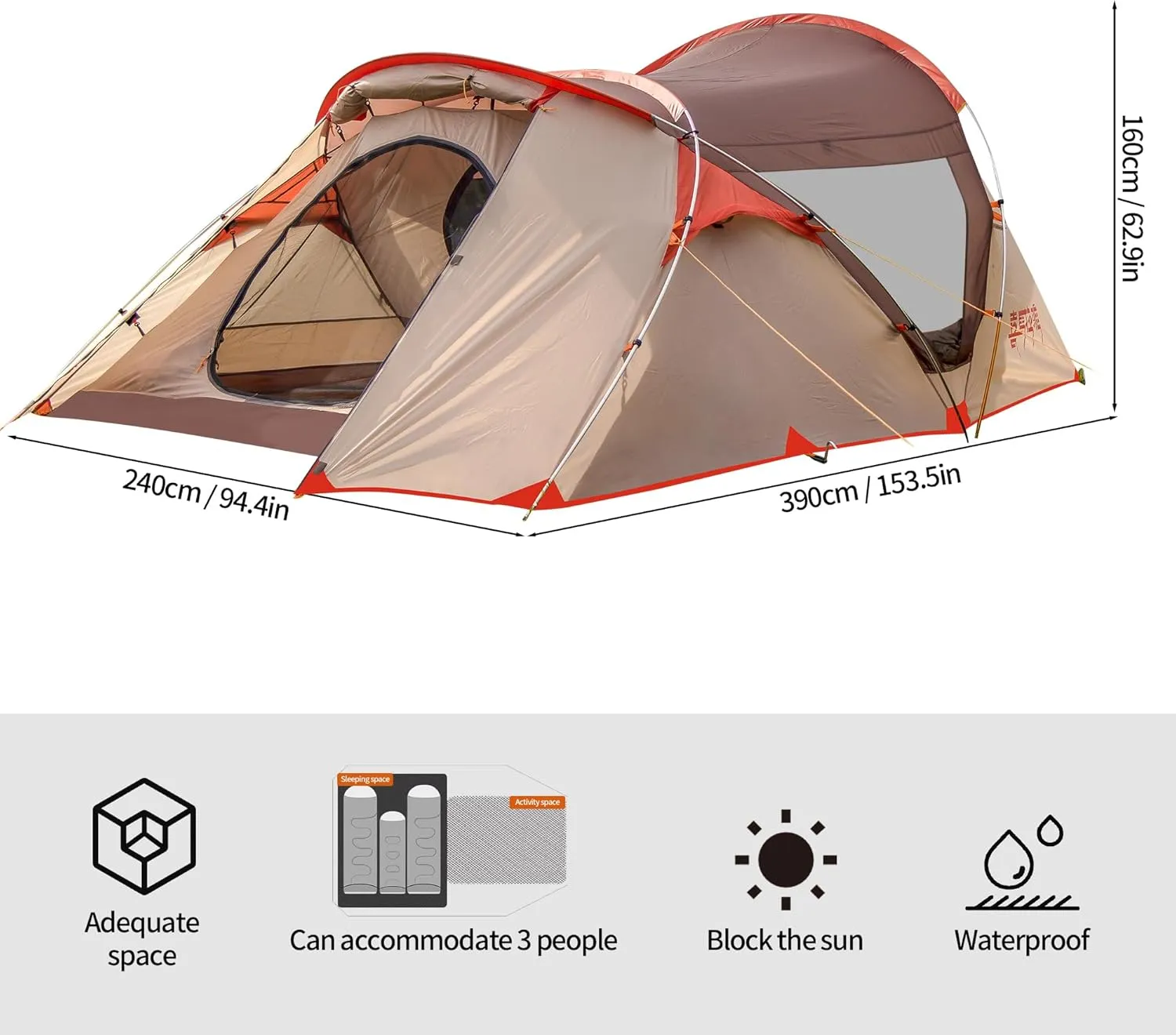 Himalaya Family Tent，3-4 Person Tunnel Tent Camping Tent with One Bedroom and One Living Room Portable Lightweight for Outdoor Camping Hiking Mountaineering