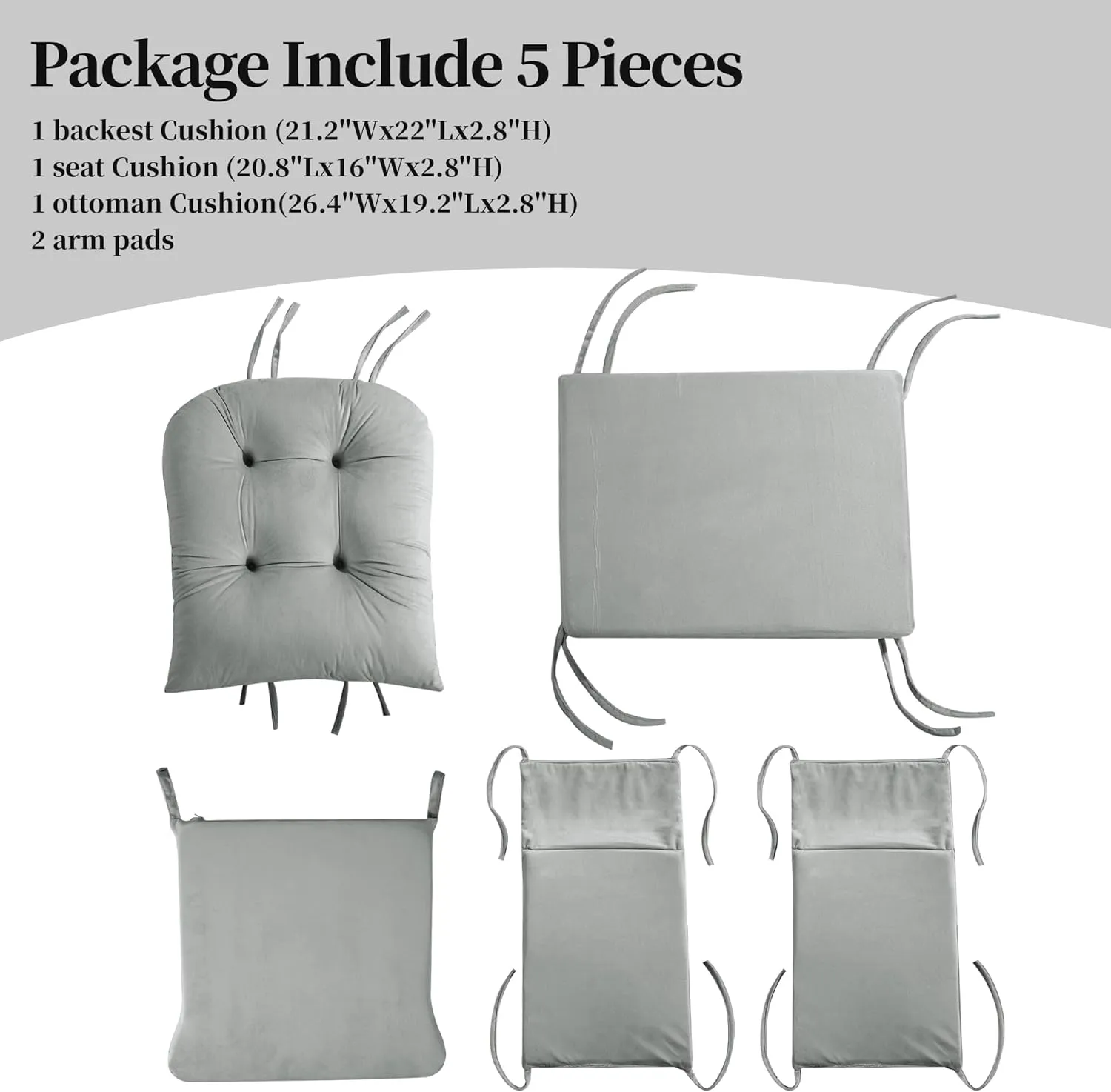 HOMBYS Glider Rocker Replacement Cushions 5 PCS with Storage Side Pocket, Velvet Fabric, Foam & Microfiber Filling, Non-Slip & Washable,Thickened & Supportive for Glider Rocking Chair-Light Grey
