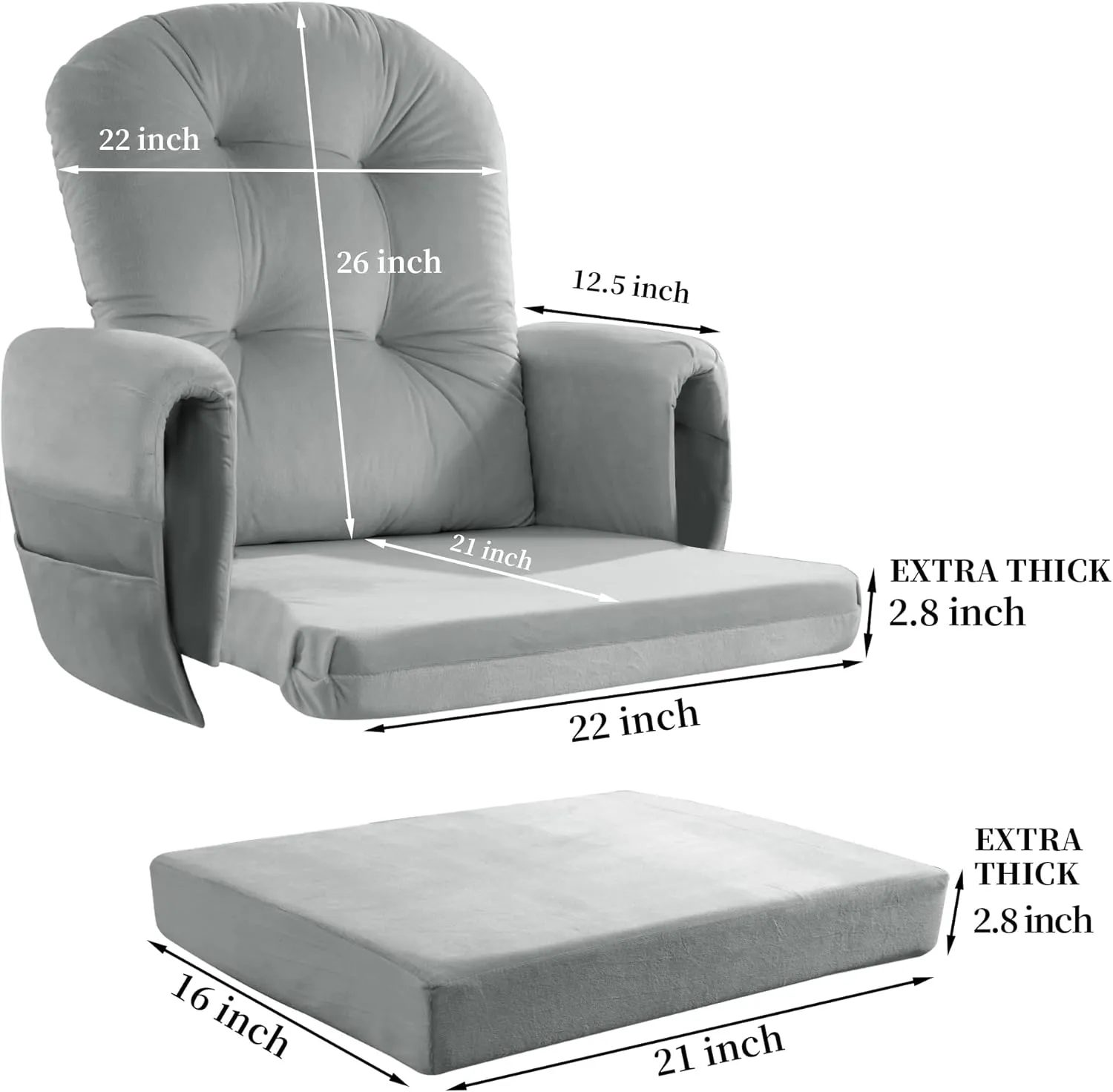 HOMBYS Glider Rocker Replacement Cushions 5 PCS with Storage Side Pocket, Velvet Fabric, Foam & Microfiber Filling, Non-Slip & Washable,Thickened & Supportive for Glider Rocking Chair-Light Grey