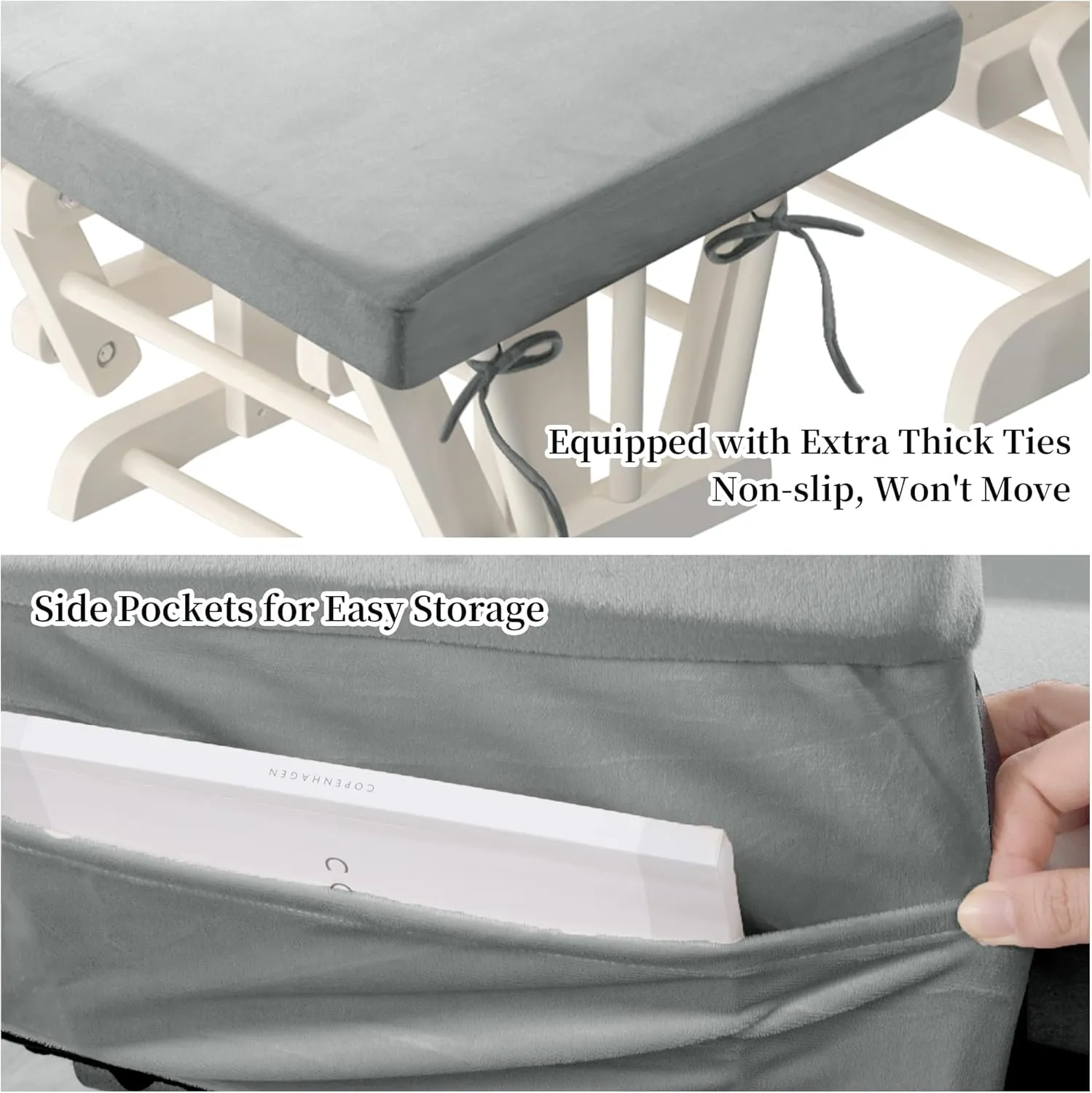 HOMBYS Glider Rocker Replacement Cushions 5 PCS with Storage Side Pocket, Velvet Fabric, Foam & Microfiber Filling, Non-Slip & Washable,Thickened & Supportive for Glider Rocking Chair-Light Grey