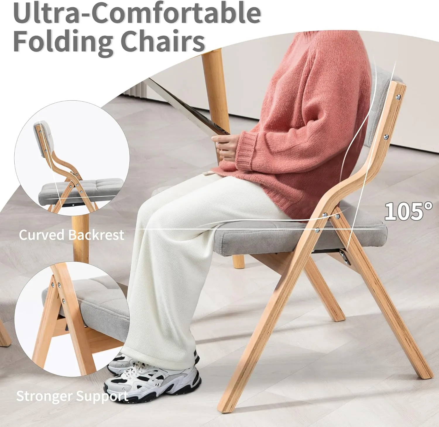HOMEFUN Folding Chairs with Cushion, Wooden Padded Foldable Chair 2 Pack, Portable and Assembled Seat for Guests Kitchen Office Wedding and Party, Gray