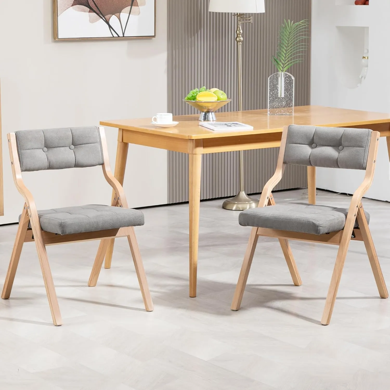 HOMEFUN Folding Chairs with Cushion, Wooden Padded Foldable Chair 2 Pack, Portable and Assembled Seat for Guests Kitchen Office Wedding and Party, Gray