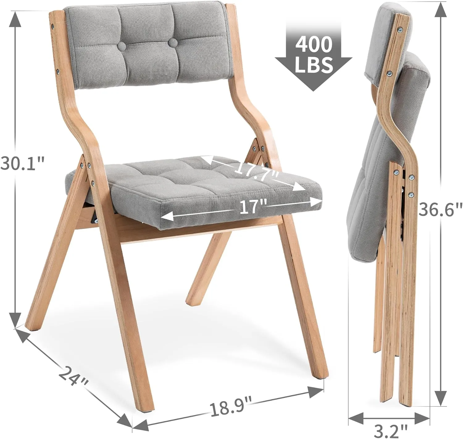 HOMEFUN Folding Chairs with Cushion, Wooden Padded Foldable Chair 2 Pack, Portable and Assembled Seat for Guests Kitchen Office Wedding and Party, Gray