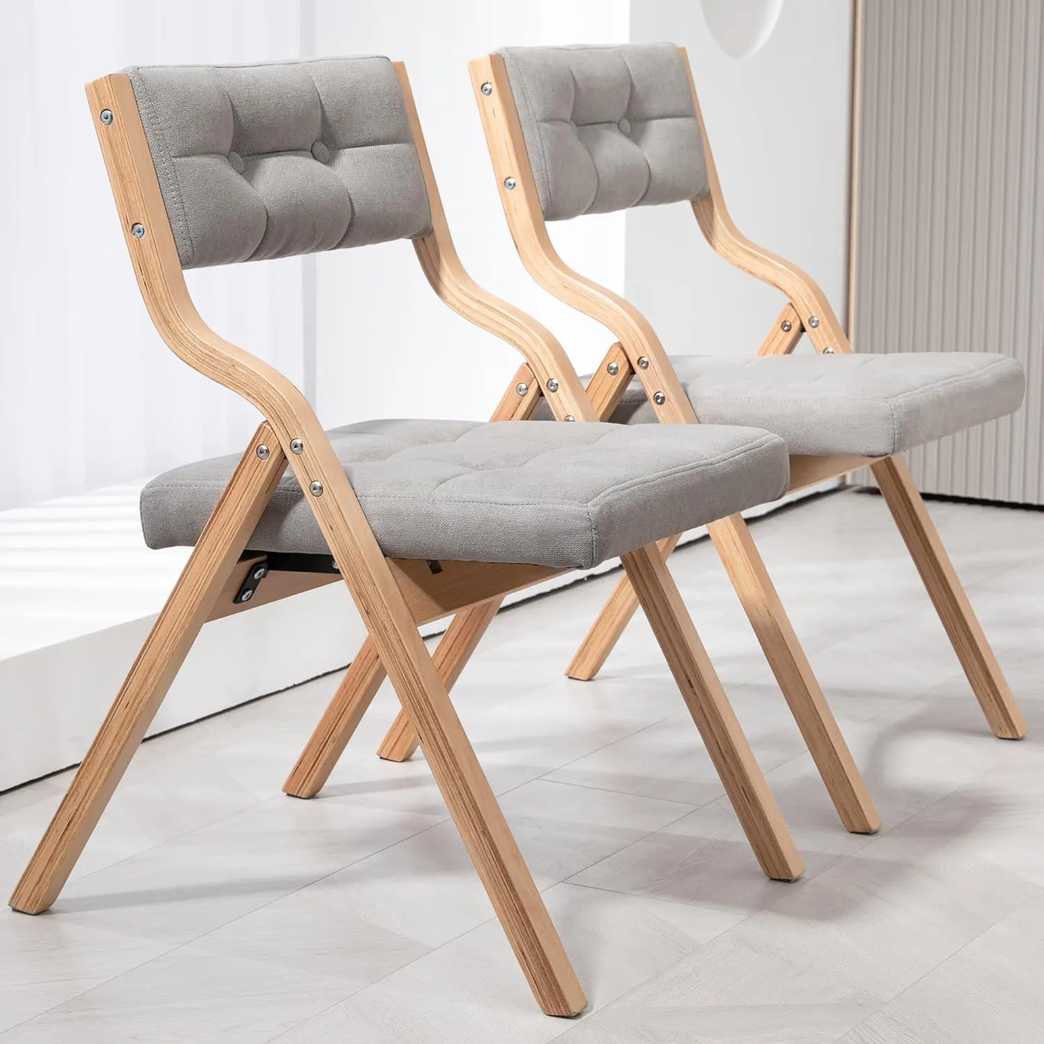 HOMEFUN Folding Chairs with Cushion, Wooden Padded Foldable Chair 2 Pack, Portable and Assembled Seat for Guests Kitchen Office Wedding and Party, Gray