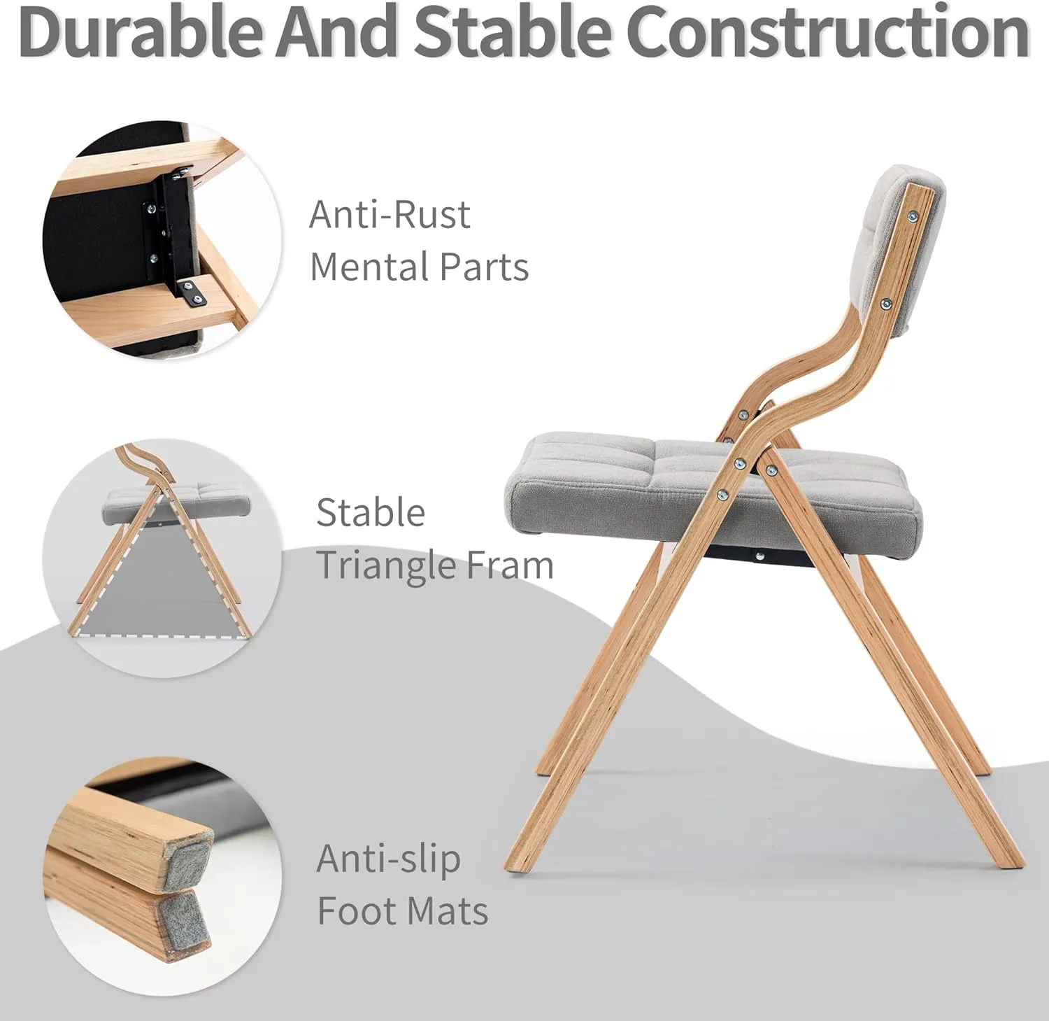 HOMEFUN Folding Chairs with Cushion, Wooden Padded Foldable Chair 2 Pack, Portable and Assembled Seat for Guests Kitchen Office Wedding and Party, Gray