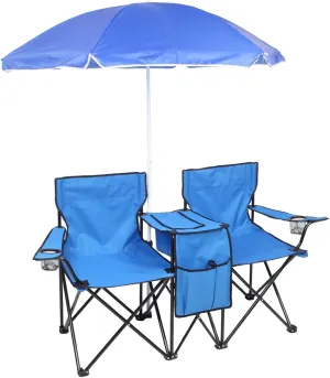 HOMEN Portable Folding Picnic Double Chair with Umbrella Table Cooler Beach Camping Chair