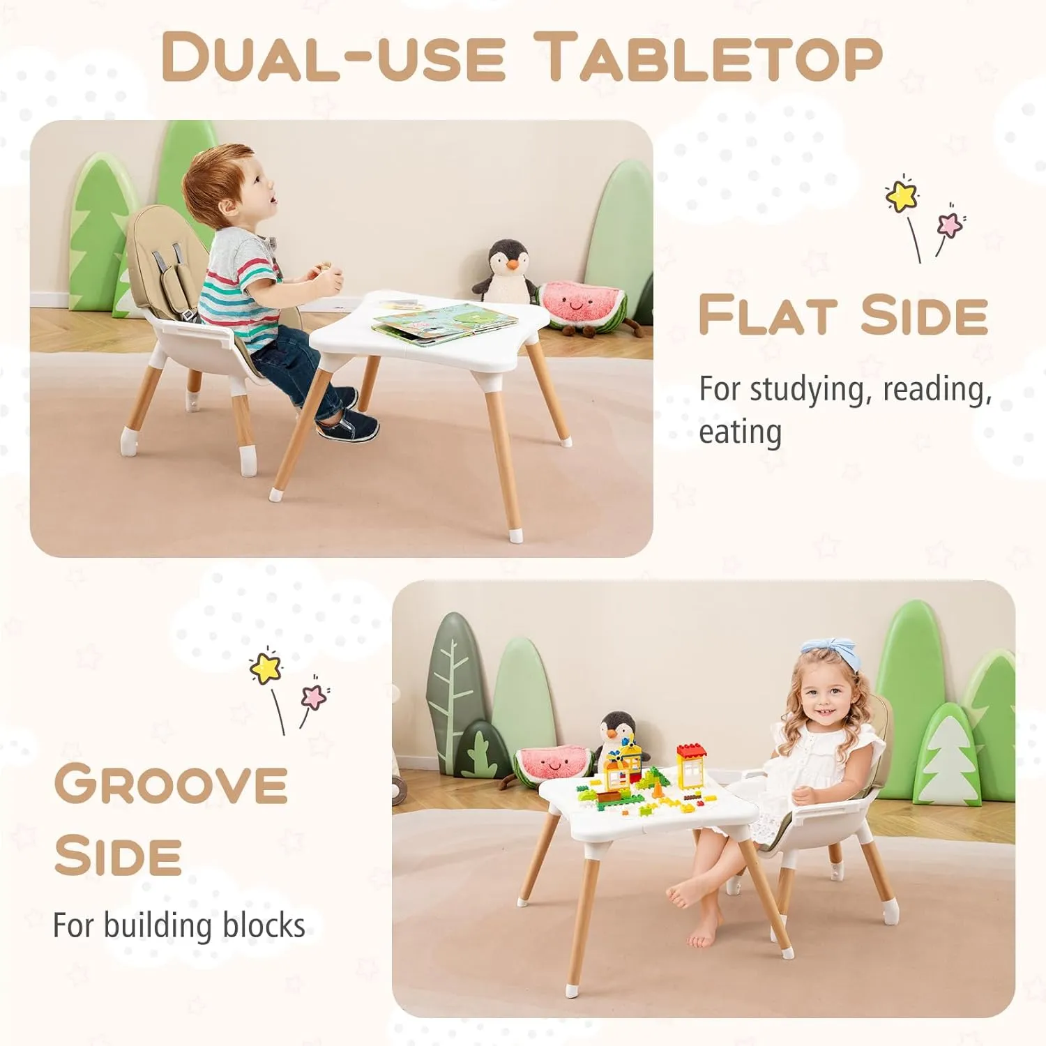 HONEY JOY Baby High Chair, 5-in-1 Convertible Wooden Highchair for Babies and Toddlers/Table and Chairs Set/Toddler Chair with Safety Harness, 4-Position Removable Feeding Tray(Khaki)