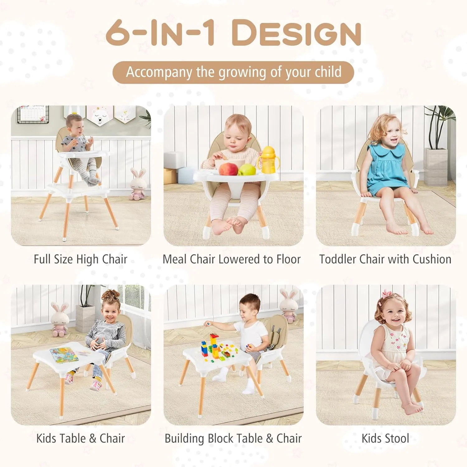 HONEY JOY Baby High Chair, 5-in-1 Convertible Wooden Highchair for Babies and Toddlers/Table and Chairs Set/Toddler Chair with Safety Harness, 4-Position Removable Feeding Tray(Khaki)