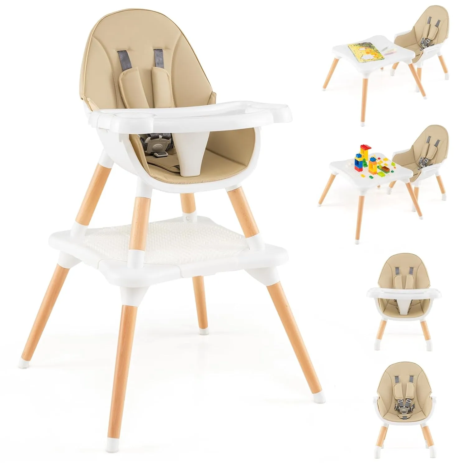 HONEY JOY Baby High Chair, 5-in-1 Convertible Wooden Highchair for Babies and Toddlers/Table and Chairs Set/Toddler Chair with Safety Harness, 4-Position Removable Feeding Tray(Khaki)
