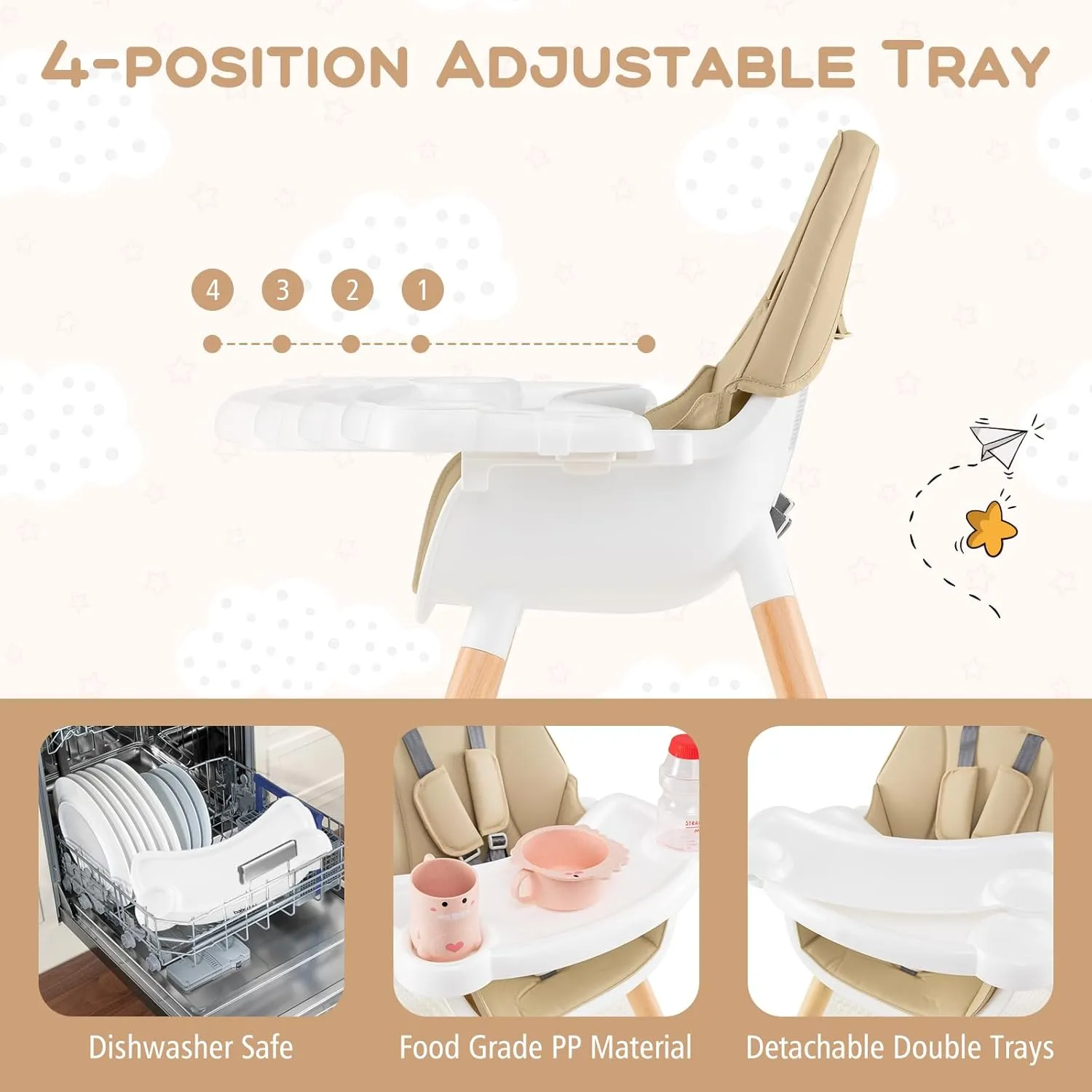 HONEY JOY Baby High Chair, 5-in-1 Convertible Wooden Highchair for Babies and Toddlers/Table and Chairs Set/Toddler Chair with Safety Harness, 4-Position Removable Feeding Tray(Khaki)