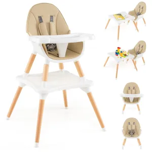 HONEY JOY Baby High Chair, 5-in-1 Convertible Wooden Highchair for Babies and Toddlers/Table and Chairs Set/Toddler Chair with Safety Harness, 4-Position Removable Feeding Tray(Khaki)