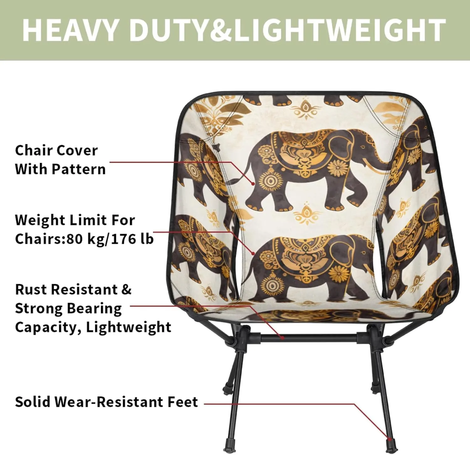 Honeybaby Folding Camping Chair Elegant Elephants Camping Chairs Lightweight Portable Chair Outdoor Foldable Chairs for Camping Travel Picnic Beach Hiking
