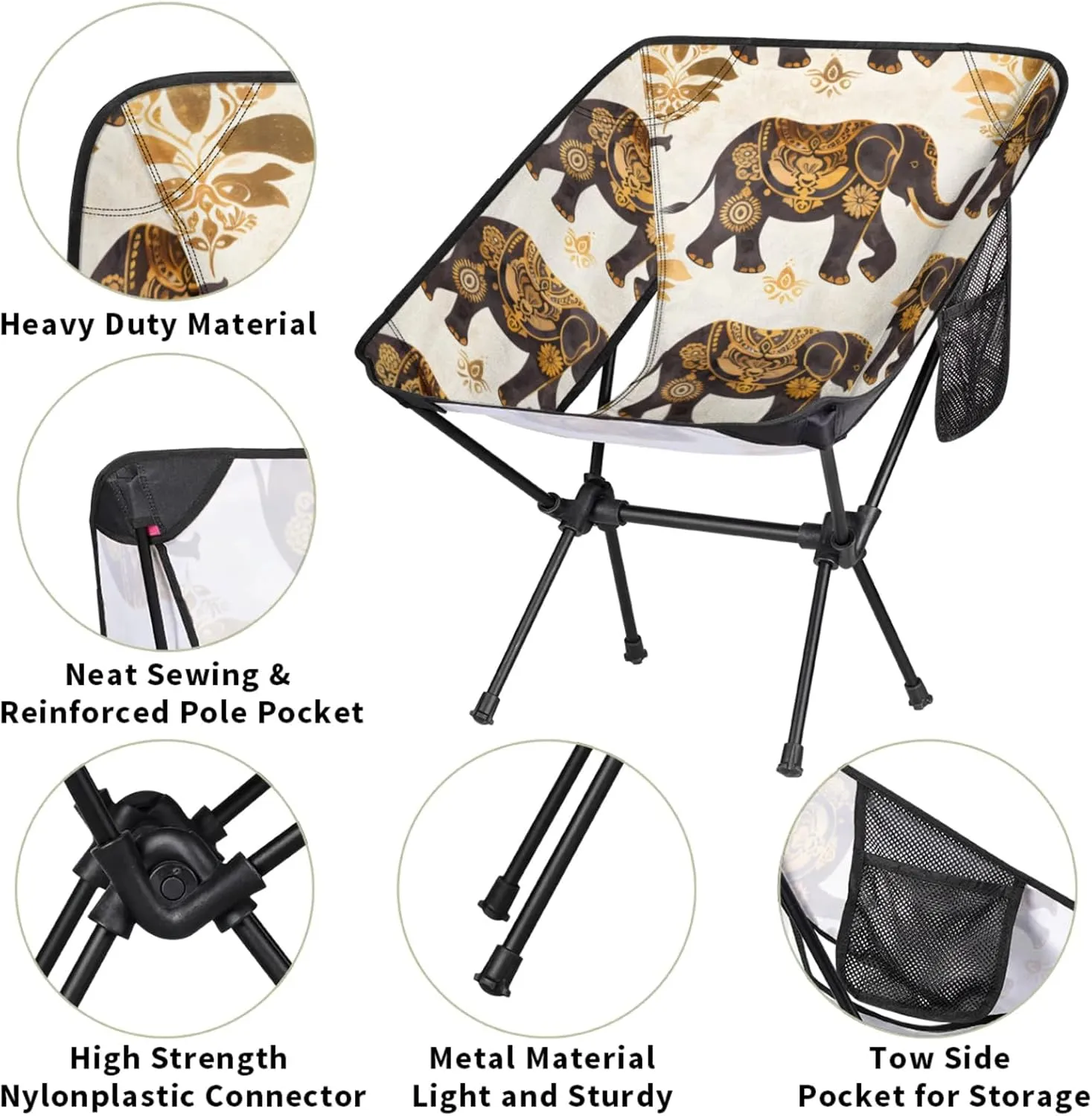 Honeybaby Folding Camping Chair Elegant Elephants Camping Chairs Lightweight Portable Chair Outdoor Foldable Chairs for Camping Travel Picnic Beach Hiking