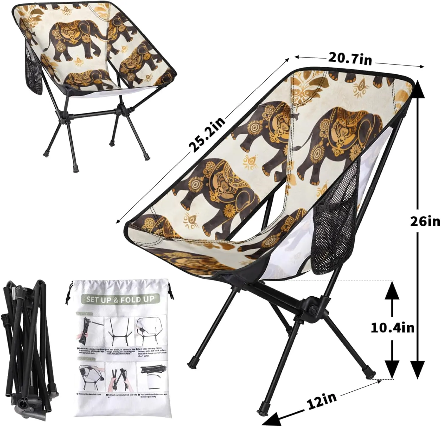 Honeybaby Folding Camping Chair Elegant Elephants Camping Chairs Lightweight Portable Chair Outdoor Foldable Chairs for Camping Travel Picnic Beach Hiking
