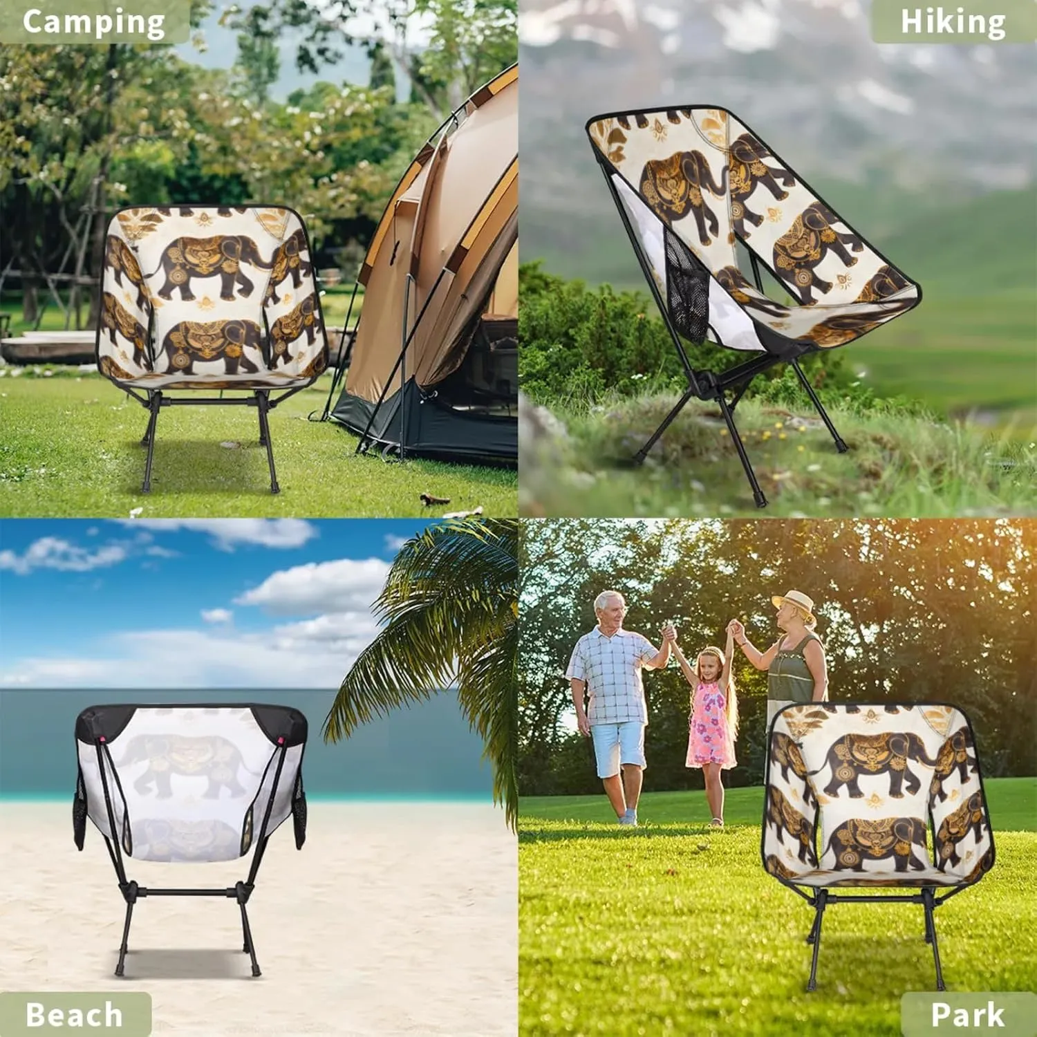 Honeybaby Folding Camping Chair Elegant Elephants Camping Chairs Lightweight Portable Chair Outdoor Foldable Chairs for Camping Travel Picnic Beach Hiking