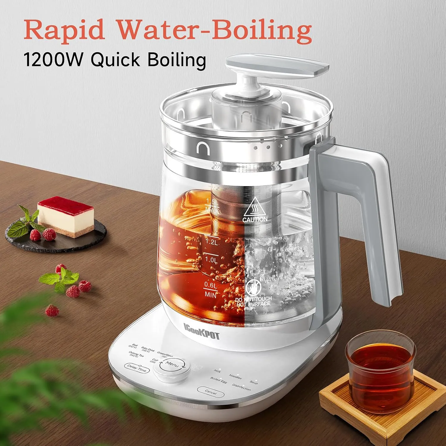 Hot Electric Kettle with Tea Infuser and Temperature Control, 1.5L Stainless Steel Tea Maker & 1200W Rapid Boiling, Programmable Control for Coffee and More, White