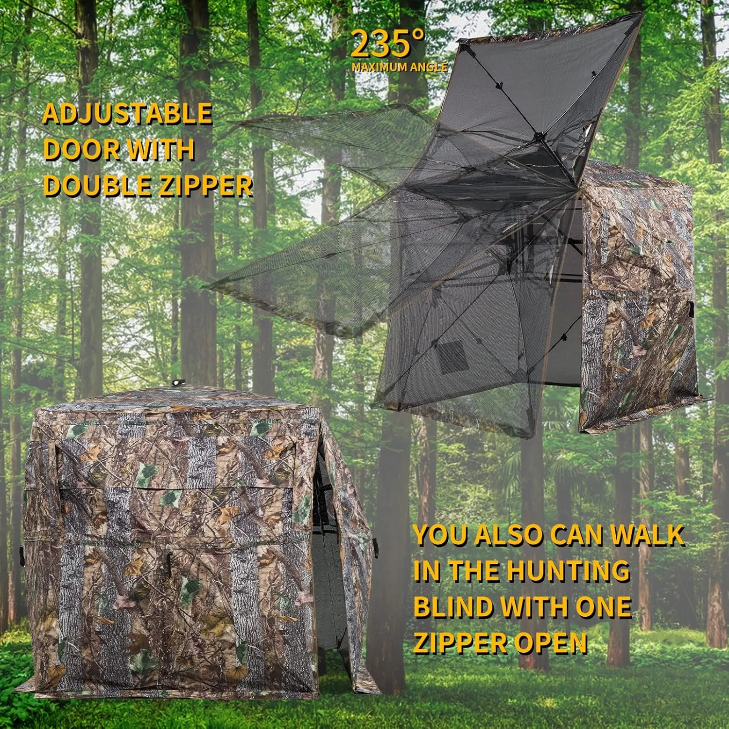 Hunting Blind 270/360 Degree See Through Ground Blind for Deer Hunting, 2/3 Person Pop Up Camouflage Tent for Deer and Turkey, Portable Concealed Shelter with Carrying Bag
