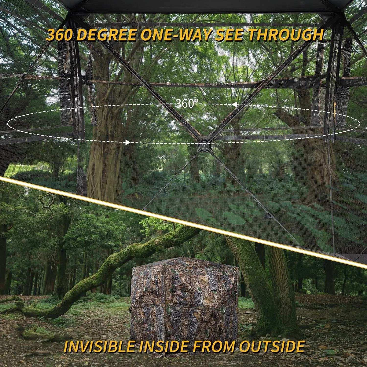 Hunting Blind 270/360 Degree See Through Ground Blind for Deer Hunting, 2/3 Person Pop Up Camouflage Tent for Deer and Turkey, Portable Concealed Shelter with Carrying Bag