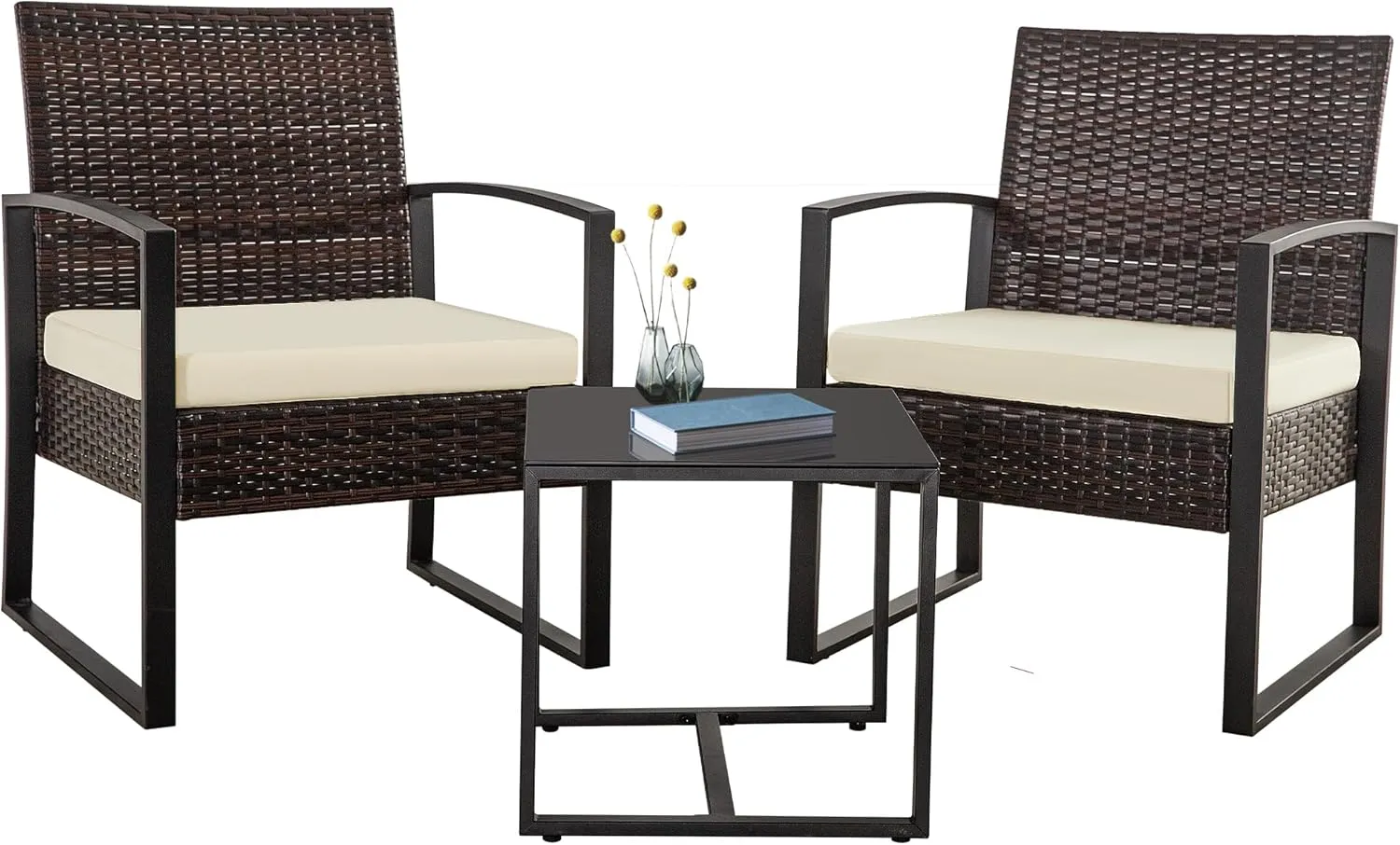 HYDRAGARDEN 3PCS Patio Furniture Set, Outdoor Wicker Bistro Conversation Set with Padded Cushions & Glass Table, Garden Rattan Chair Set for Porch Balcony Backyard (Brown Wicker & White Cushions)
