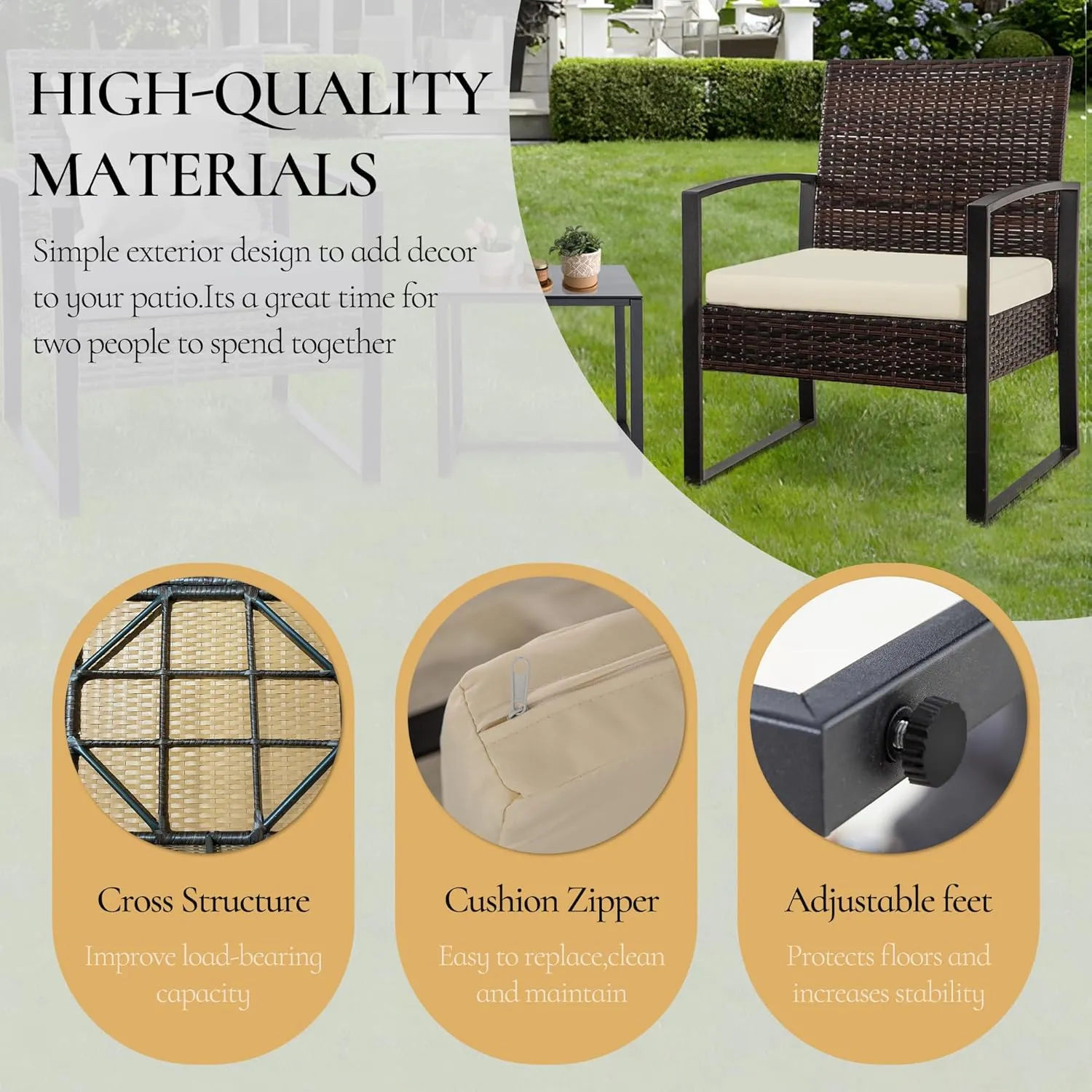 HYDRAGARDEN 3PCS Patio Furniture Set, Outdoor Wicker Bistro Conversation Set with Padded Cushions & Glass Table, Garden Rattan Chair Set for Porch Balcony Backyard (Brown Wicker & White Cushions)