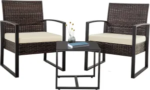 HYDRAGARDEN 3PCS Patio Furniture Set, Outdoor Wicker Bistro Conversation Set with Padded Cushions & Glass Table, Garden Rattan Chair Set for Porch Balcony Backyard (Brown Wicker & White Cushions)