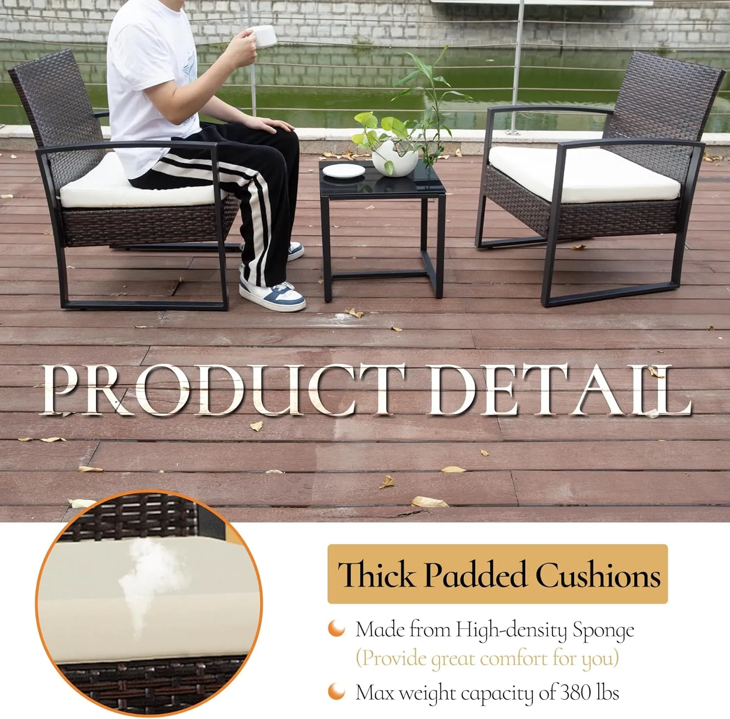 HYDRAGARDEN 3PCS Patio Furniture Set, Outdoor Wicker Bistro Conversation Set with Padded Cushions & Glass Table, Garden Rattan Chair Set for Porch Balcony Backyard (Brown Wicker & White Cushions)