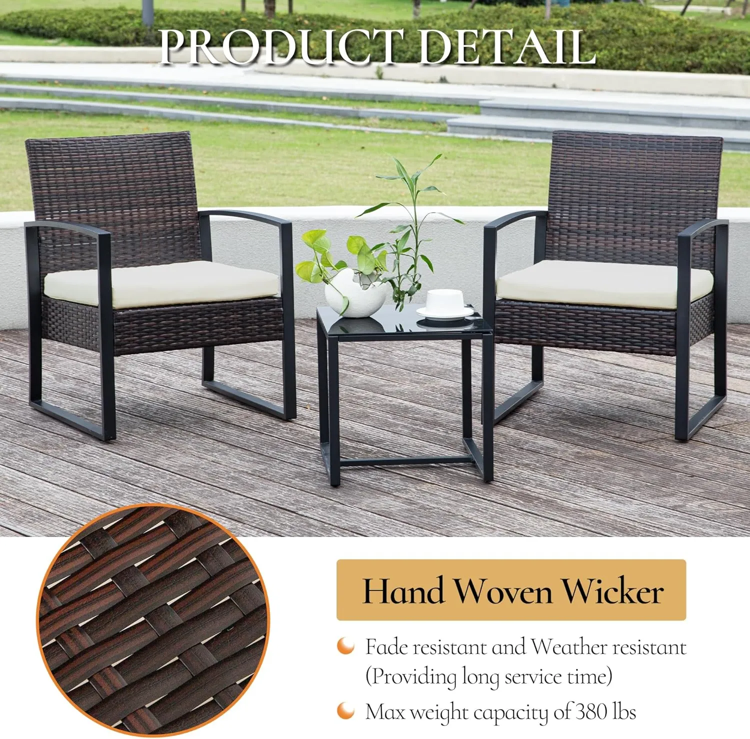 HYDRAGARDEN 3PCS Patio Furniture Set, Outdoor Wicker Bistro Conversation Set with Padded Cushions & Glass Table, Garden Rattan Chair Set for Porch Balcony Backyard (Brown Wicker & White Cushions)