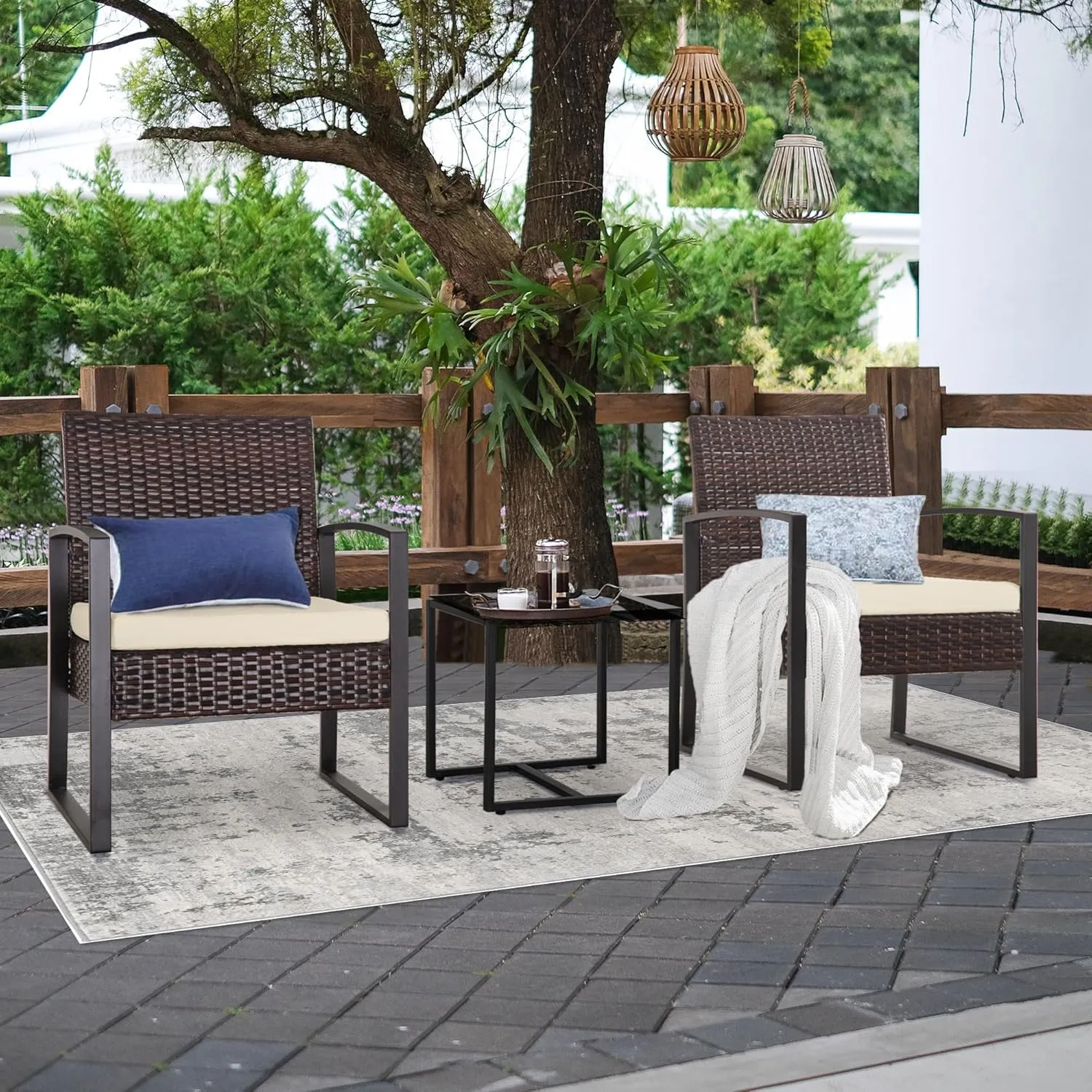 HYDRAGARDEN 3PCS Patio Furniture Set, Outdoor Wicker Bistro Conversation Set with Padded Cushions & Glass Table, Garden Rattan Chair Set for Porch Balcony Backyard (Brown Wicker & White Cushions)
