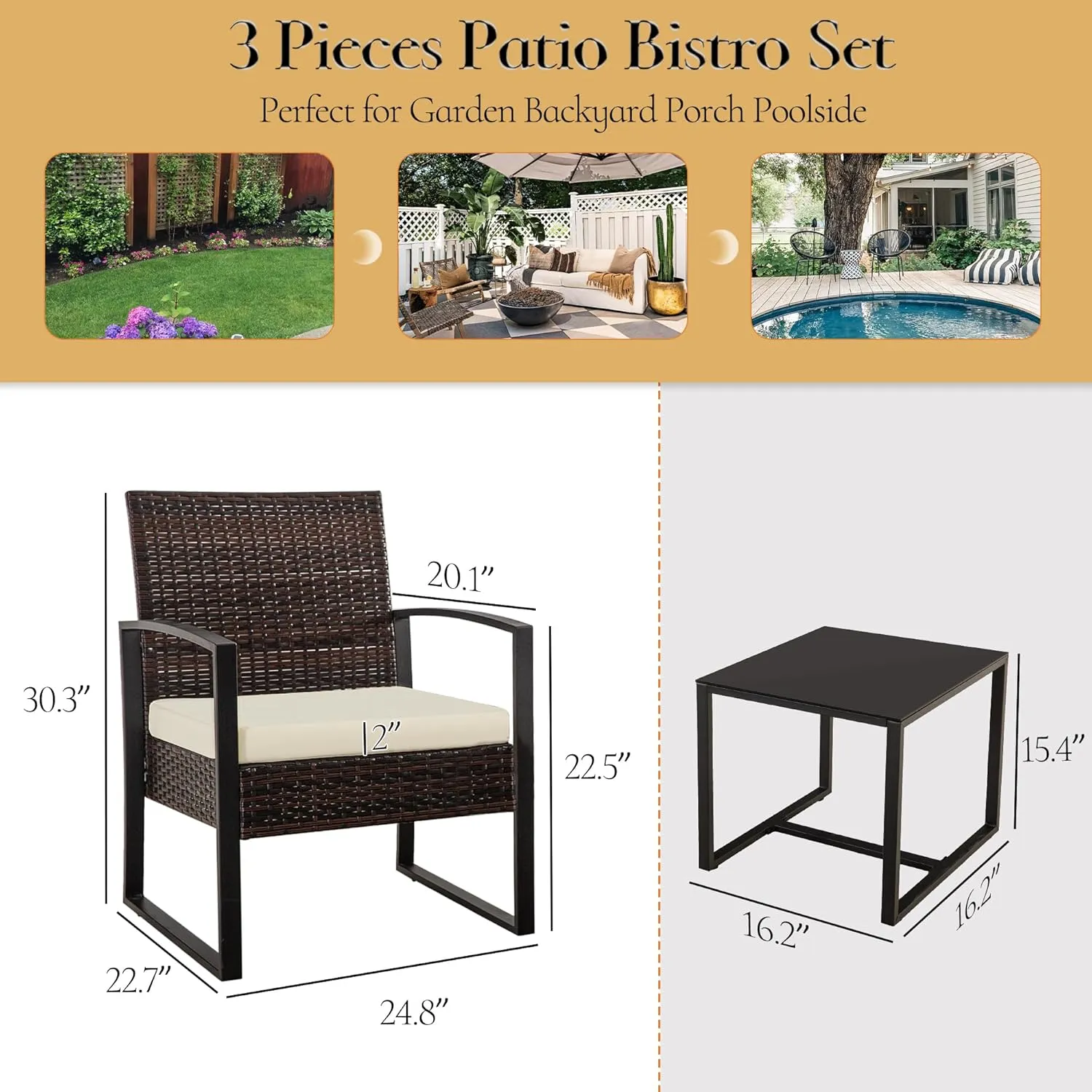 HYDRAGARDEN 3PCS Patio Furniture Set, Outdoor Wicker Bistro Conversation Set with Padded Cushions & Glass Table, Garden Rattan Chair Set for Porch Balcony Backyard (Brown Wicker & White Cushions)