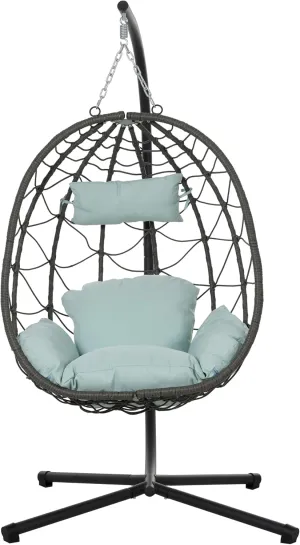 Indoor/Outdoor Egg Chair with Stand - Wicker Hanging Chair for Home/Patio. Sturdy Metal Frame, UV-Resistant PE Wicker. Ergonomic Cushioned Seat with Headrest. Foldable