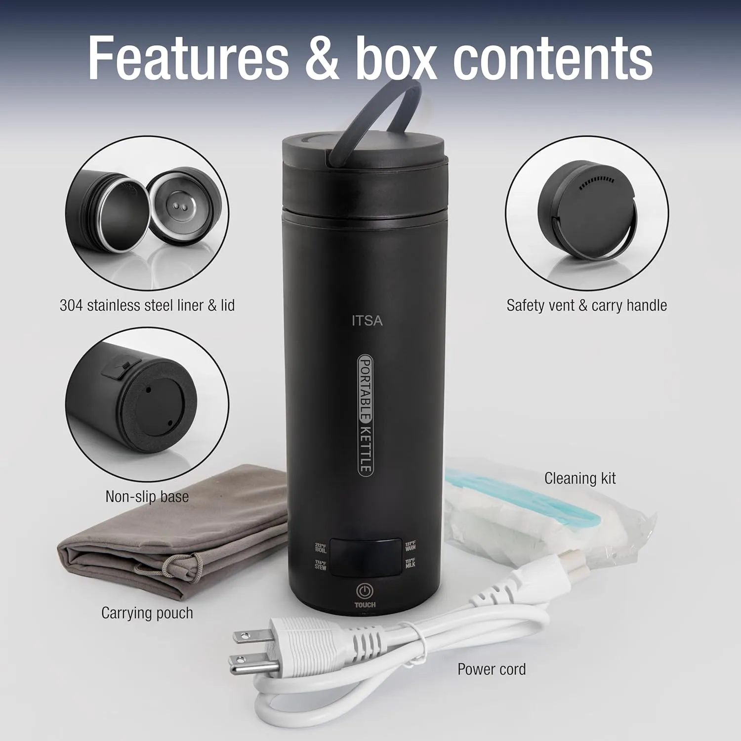 ITSA Travel Electric Kettle, Portable Electric kettle for tea coffee, Mini Hot Water Kettle, 4 Temperature, Stainless Steel, Fast Boiling Water with Auto Shut-Off and Boil Dry Protection, BPA FREE