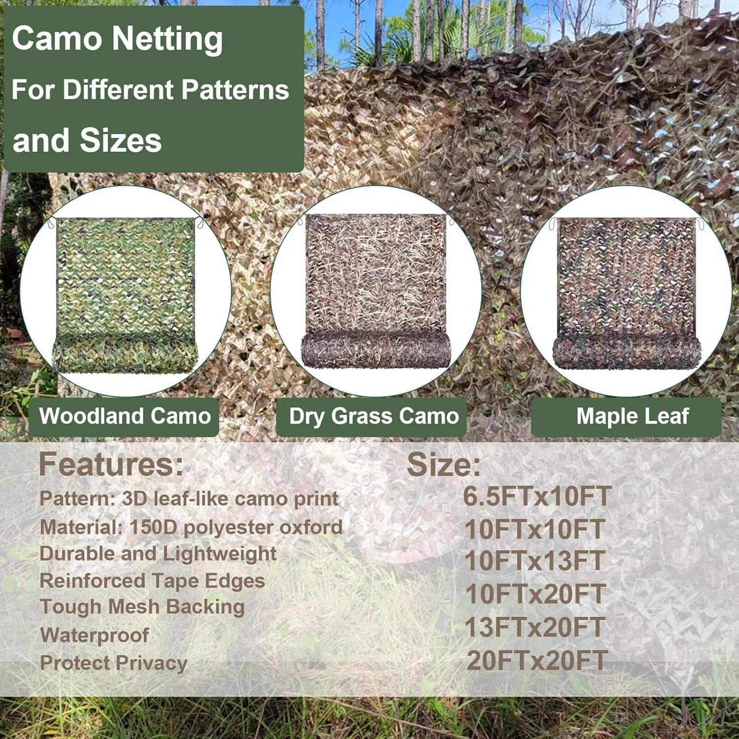 iunio Camo Netting Camouflage Netting, 10ft×10ft, 10x20ft, 20ft×20ft, Mesh Backing Oxford Fabric Camo Net Military Surplus, Hunting Blind for Deer Stand, Party Decorations, Photograph and Car Cover