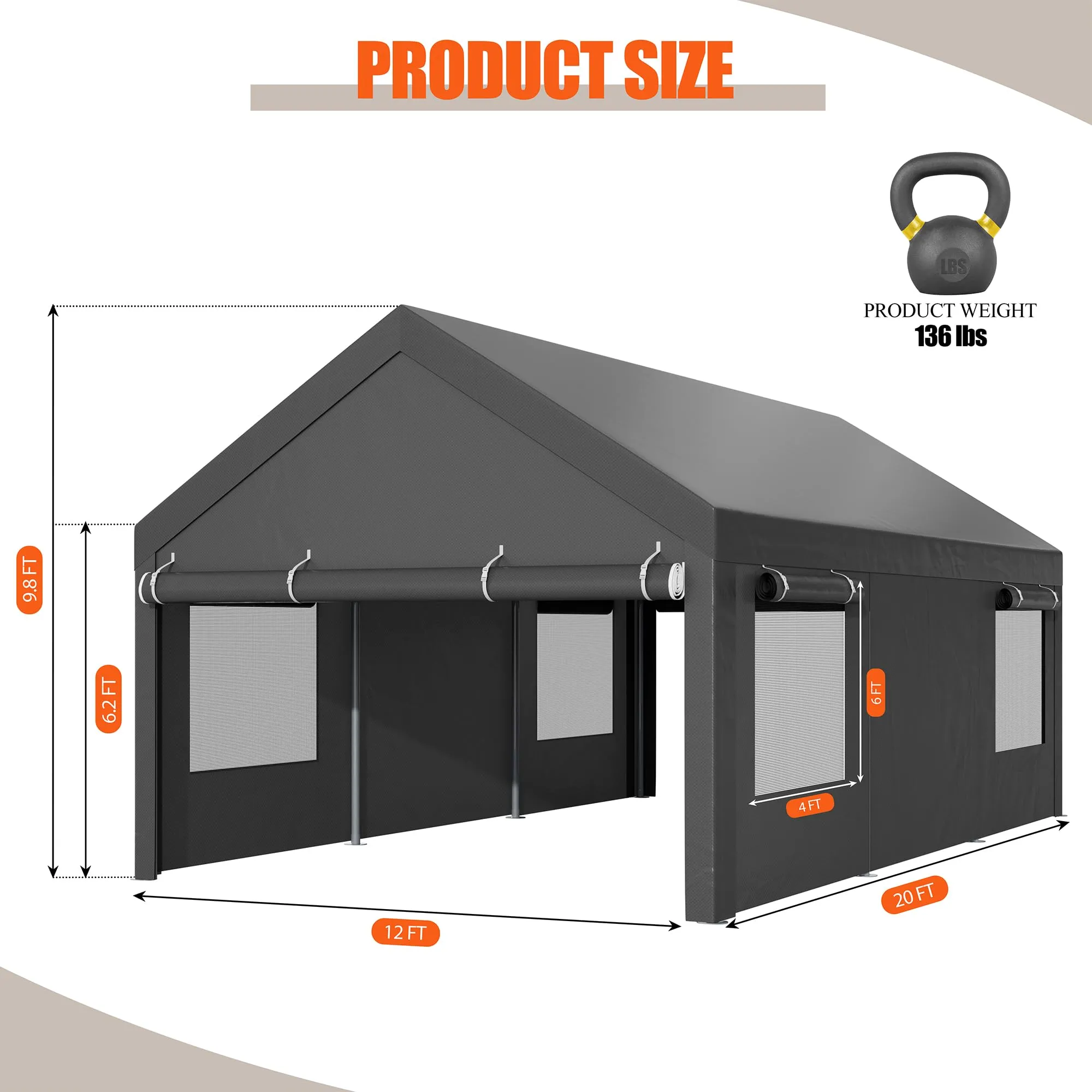 JAMFLY Carport, 12x20 Heavy Duty Carport Canopy with Roll-up Windows, Portable Garage with Removable Sidewalls & Doors, Car Canopy with All-Season