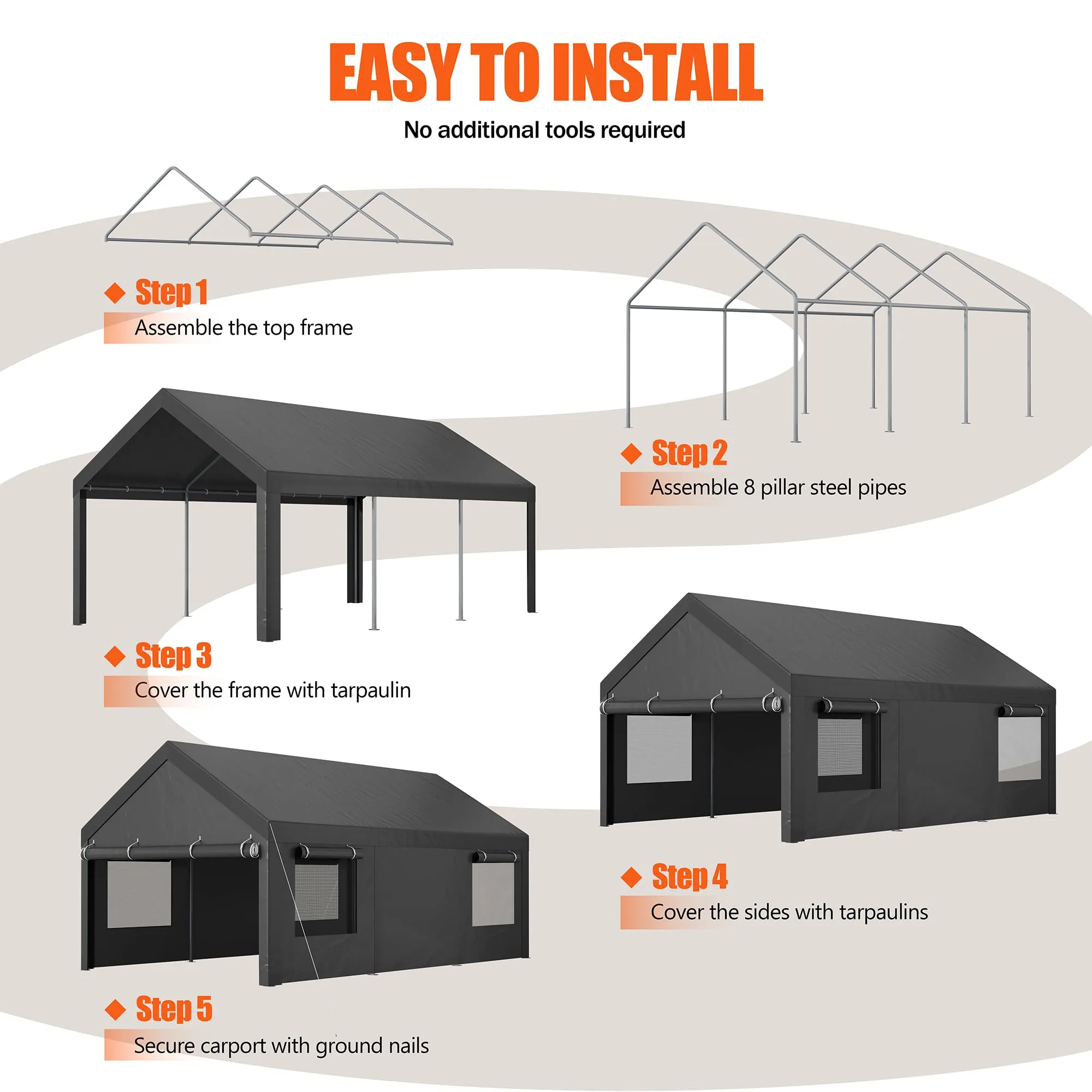 JAMFLY Carport, 12x20 Heavy Duty Carport Canopy with Roll-up Windows, Portable Garage with Removable Sidewalls & Doors, Car Canopy with All-Season