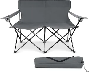 Joyfair Outdoor Double Camping Chair, Folding Loveseat for Adults & Kids, Extra Wide Portable Chair with Heavy Duty Steel Frame for Lawn Beach Camp, with Carrying Bag, Cup Holders & Armrests (Grey)