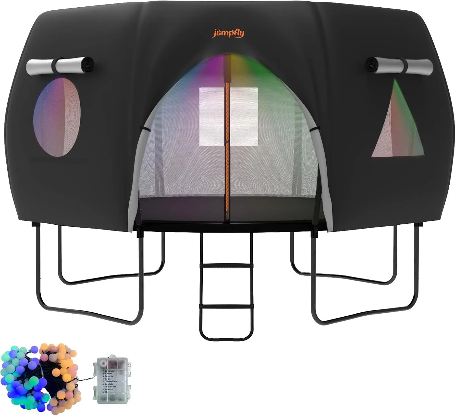 jumpfly Trampoline Round Tent(Tent ONLY) Fits 12FT Frame 8 Curved Poles with LED Lights Trampoline Accessories - Wear-Resistant - Black/Lightbrown