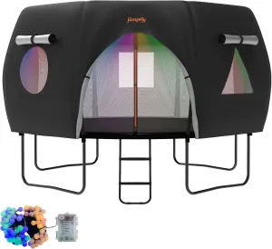jumpfly Trampoline Round Tent(Tent ONLY) Fits 12FT Frame 8 Curved Poles with LED Lights Trampoline Accessories - Wear-Resistant - Black/Lightbrown