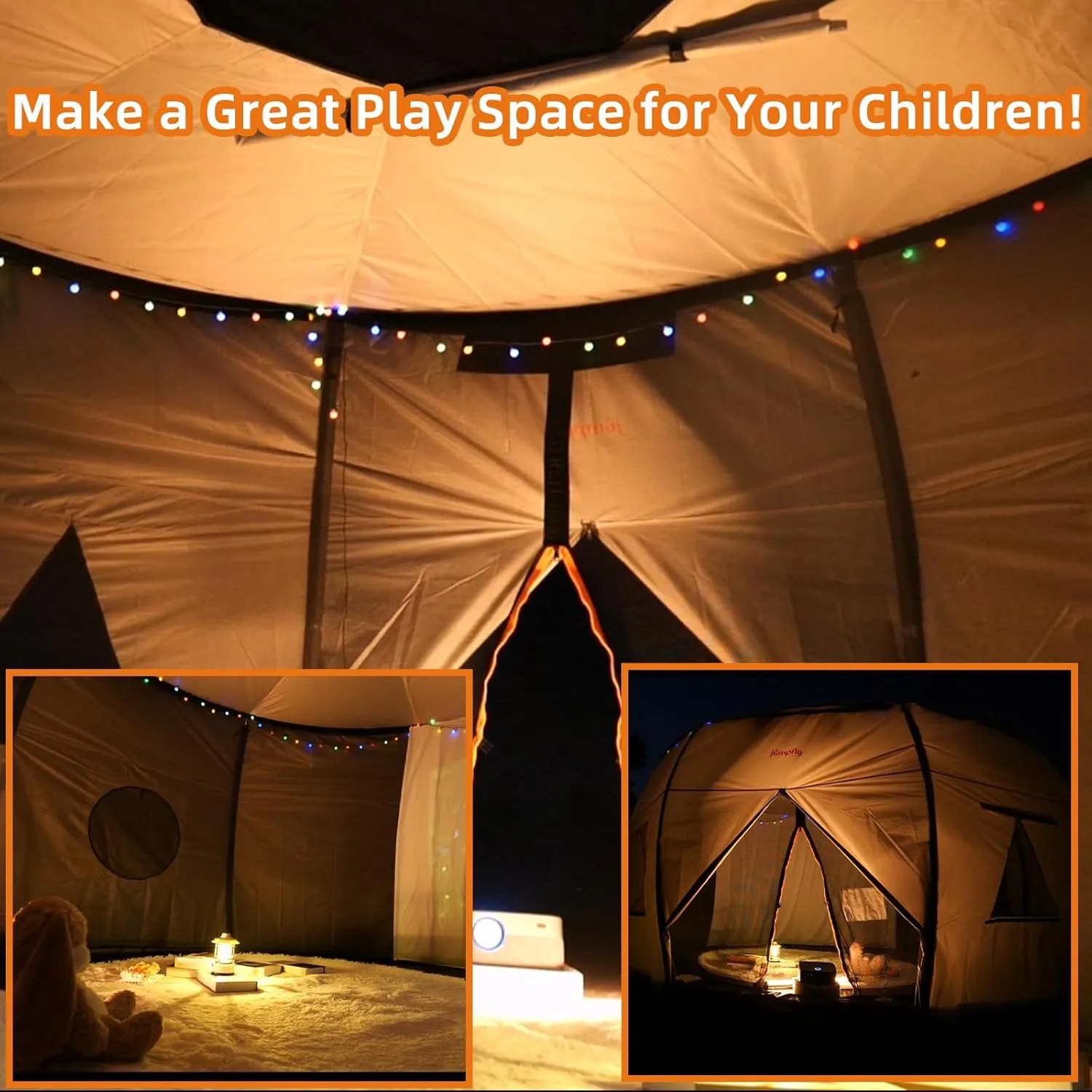 jumpfly Trampoline Round Tent(Tent ONLY) Fits 12FT Frame 8 Curved Poles with LED Lights Trampoline Accessories - Wear-Resistant - Black/Lightbrown