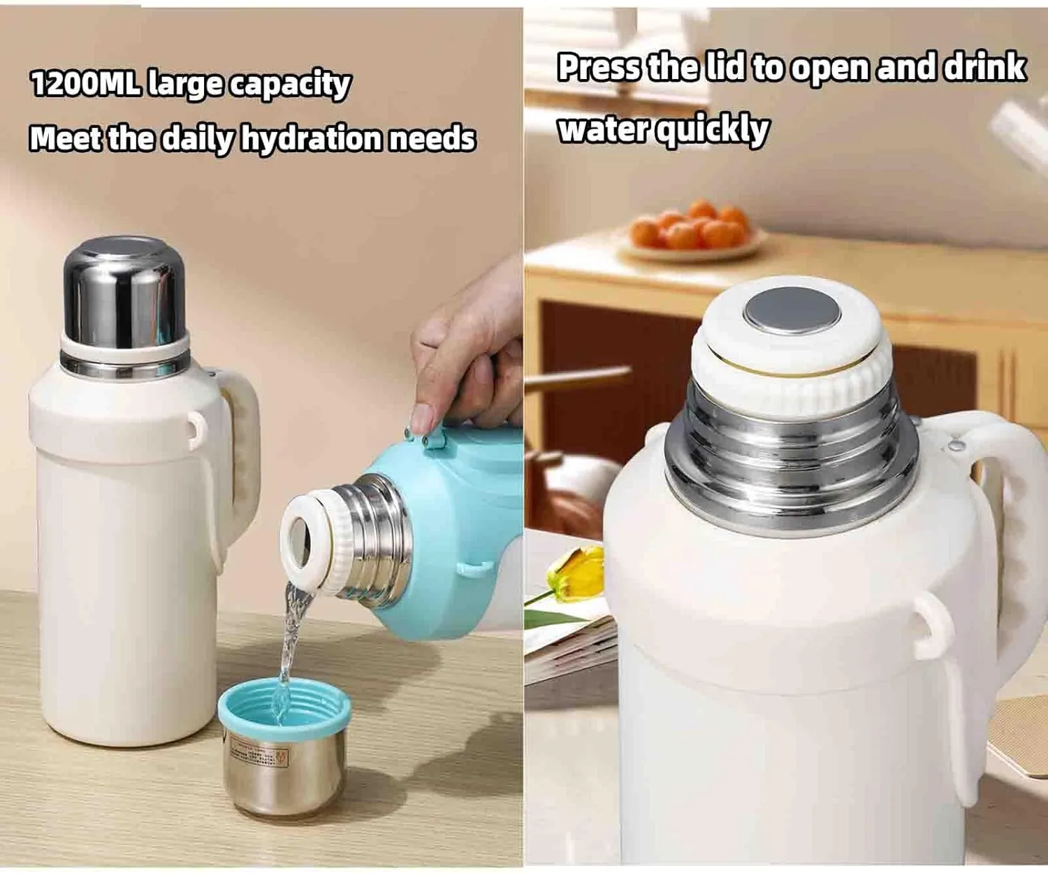 JUSHZ Mens Water Bottle Water Bottles Gym Leakproof Stainless Steel Adult with Filter Thermos Flask Vacuum Flasks Insulated with Handle Large Capacity Portable Car Travel (1200ml,Green)