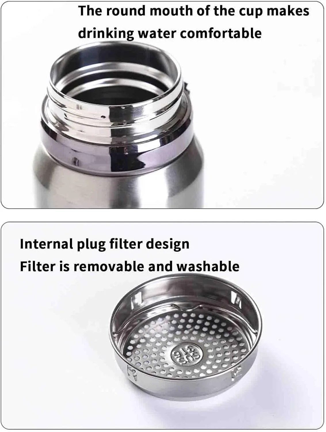 JUSHZ Sports Mens Water Bottle Water Bottles Leakproof Stainless Steel Adult for Women Girls Keep Water Cold with Filter Thermos Flask Insulated Vacuum Stainless Steel High Capacity (800ML,Silver)