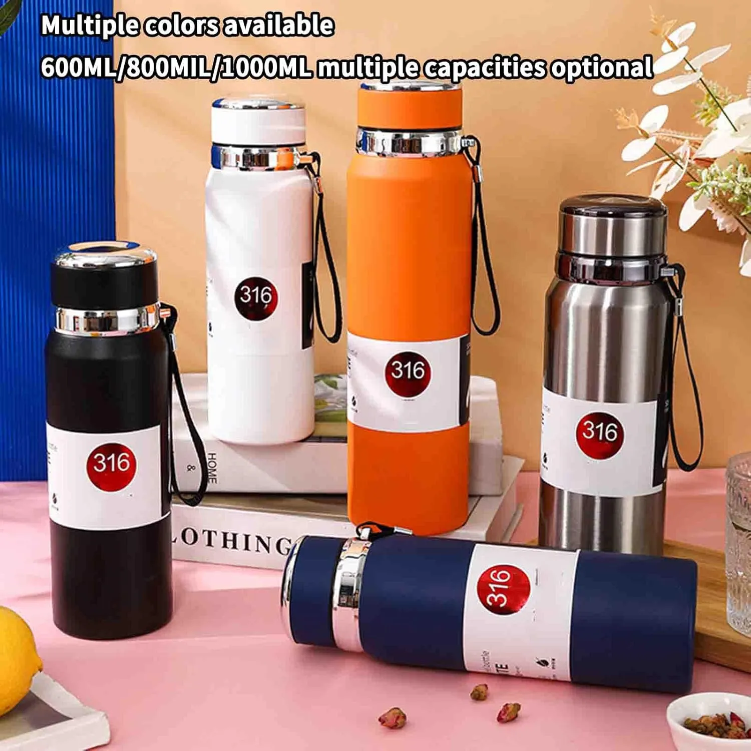 JUSHZ Sports Mens Water Bottle Water Bottles Leakproof Stainless Steel Adult for Women Girls Keep Water Cold with Filter Thermos Flask Insulated Vacuum Stainless Steel High Capacity (800ML,Silver)