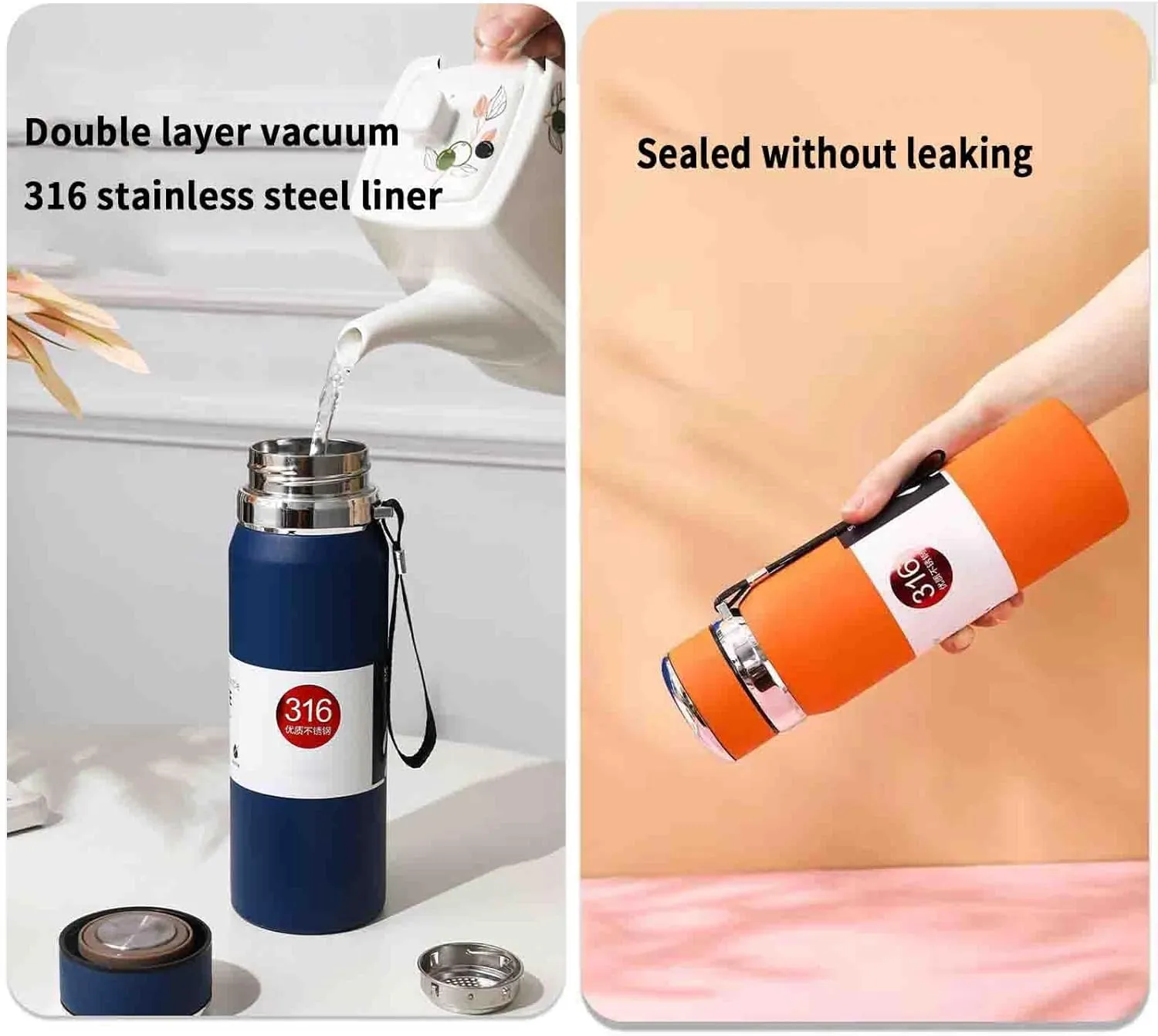 JUSHZ Sports Mens Water Bottle Water Bottles Leakproof Stainless Steel Adult for Women Girls Keep Water Cold with Filter Thermos Flask Insulated Vacuum Stainless Steel High Capacity (800ML,Silver)