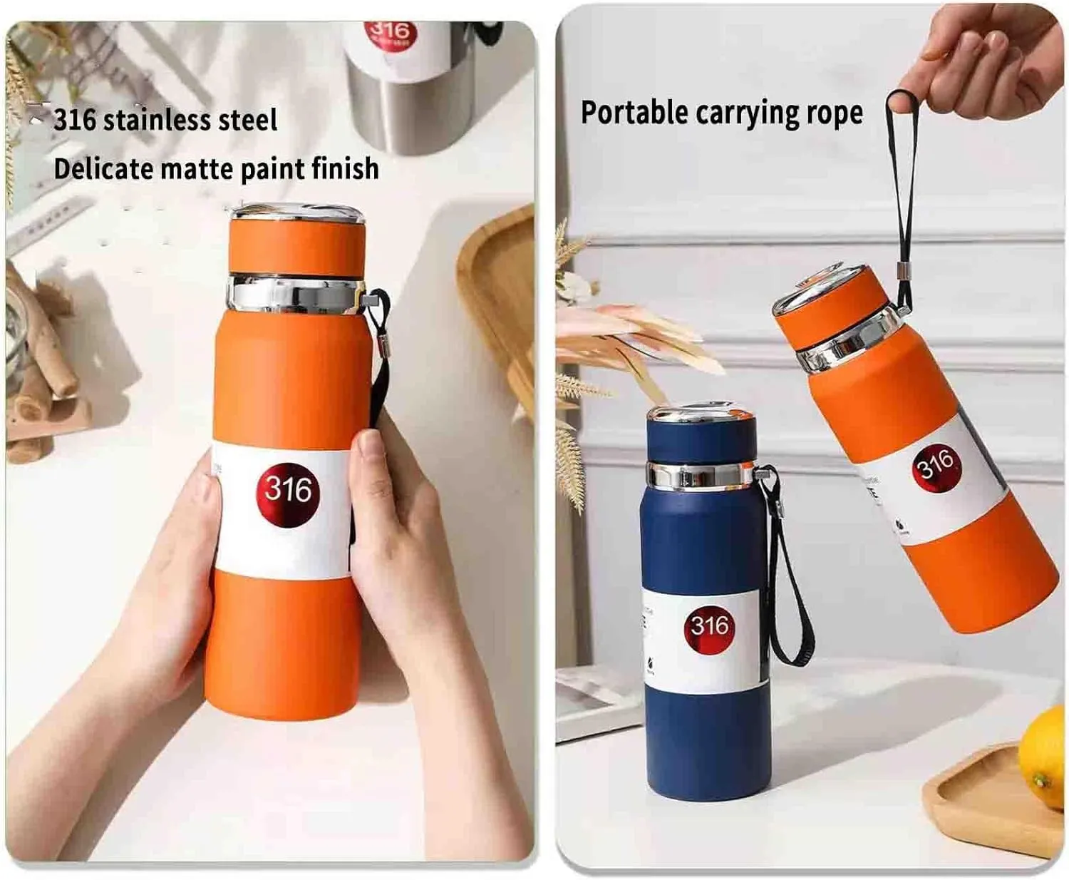 JUSHZ Sports Mens Water Bottle Water Bottles Leakproof Stainless Steel Adult for Women Girls Keep Water Cold with Filter Thermos Flask Insulated Vacuum Stainless Steel High Capacity (800ML,Silver)