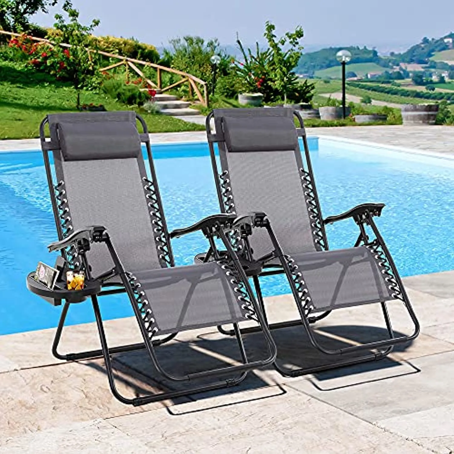 JY QAQA PET Zero Gravity Adjustable Folding Reclining Chair Patio Folding Lawn Set of 2 Outdoor Camp Lounge Chairs with Pillows and Cup Holde for Poolside Backyard and Beach (Blue)