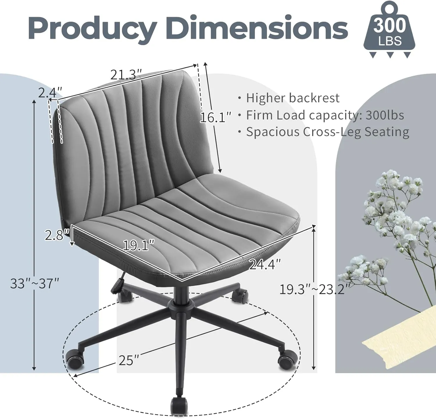 Karl home Criss Cross Chair Armless Desk Chair with Wheels Cross Legged Office Swivel Chair Wide Adjustable Comfy Padded Vanity Chair with Dual Purpose Base, PU Gray