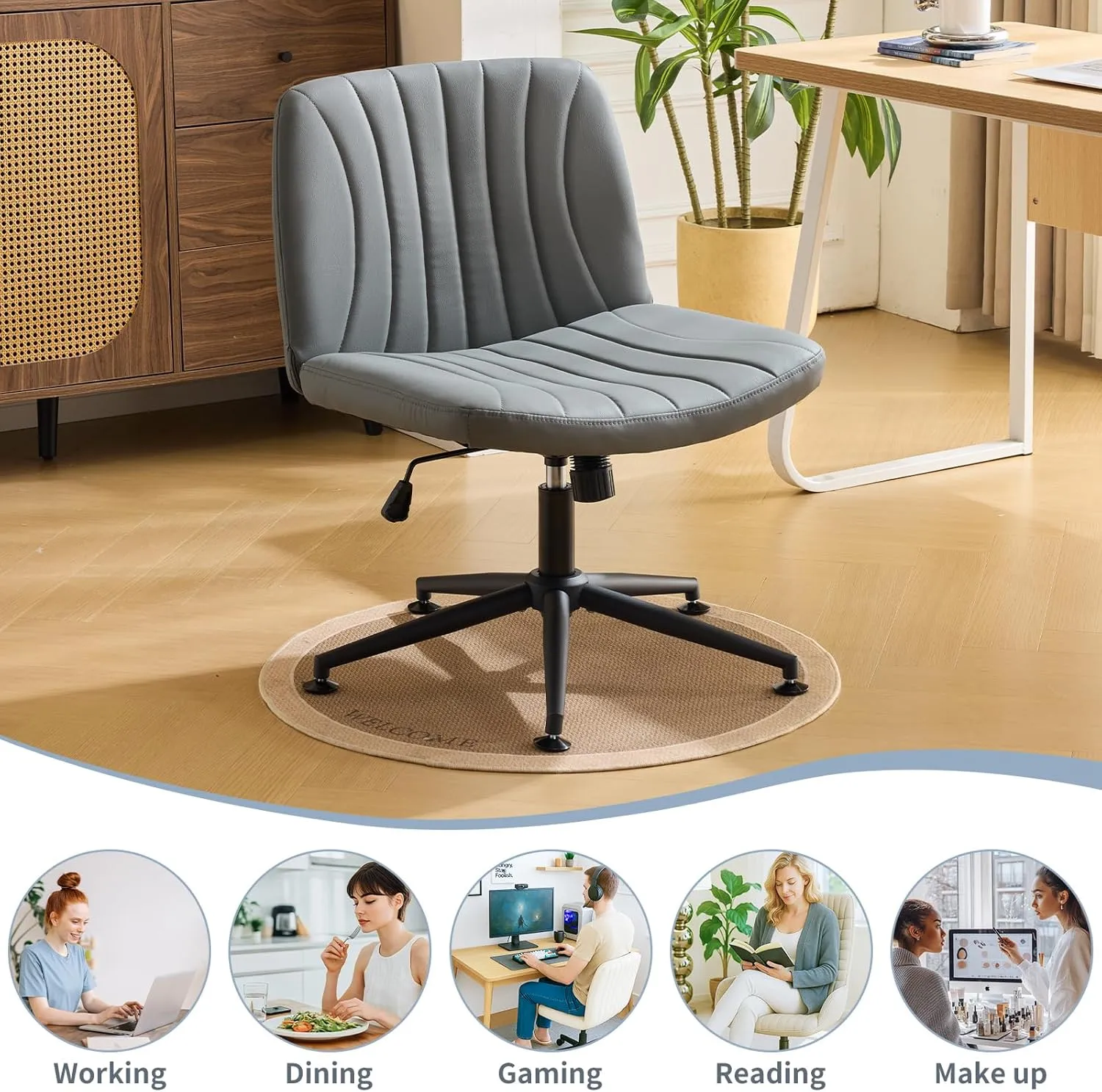 Karl home Criss Cross Chair Armless Desk Chair with Wheels Cross Legged Office Swivel Chair Wide Adjustable Comfy Padded Vanity Chair with Dual Purpose Base, PU Gray