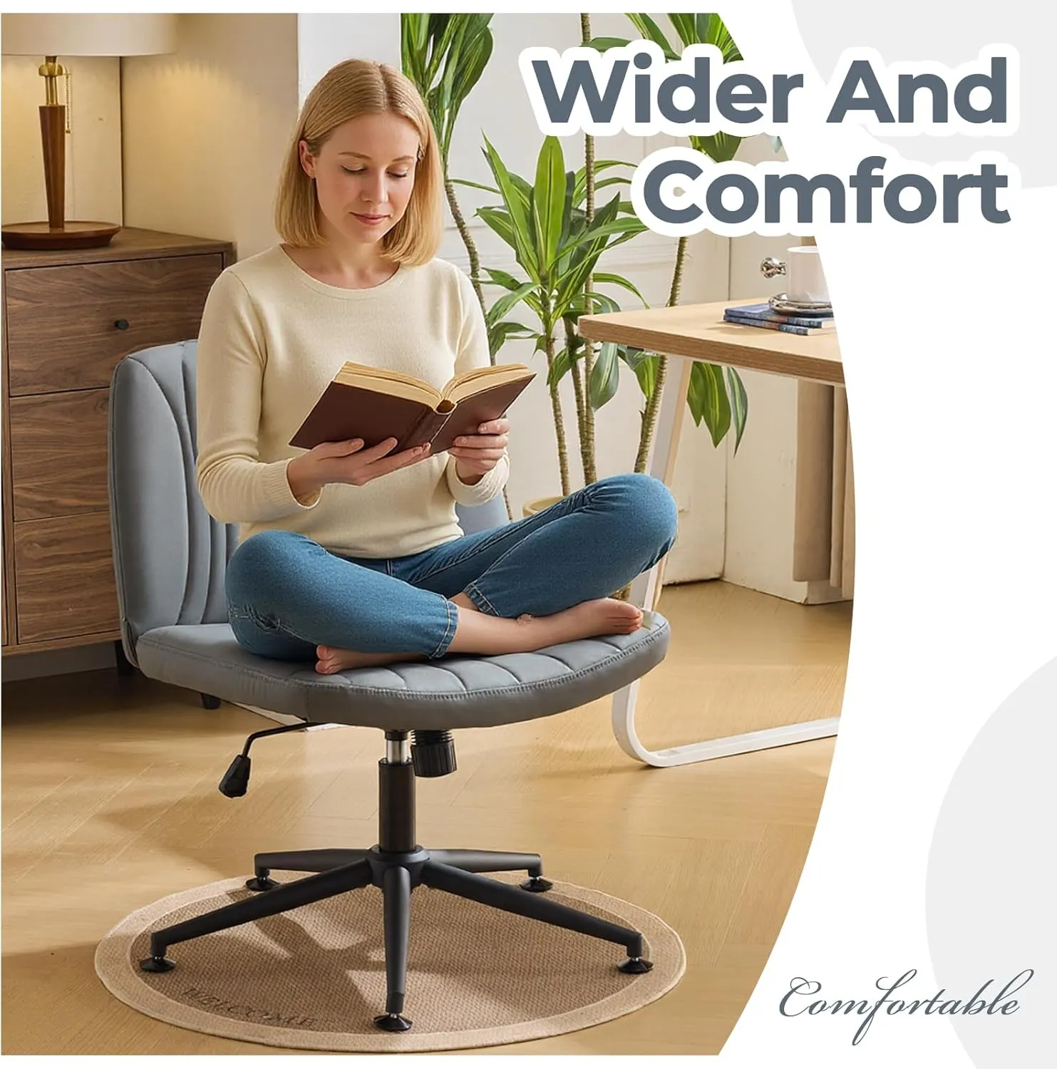 Karl home Criss Cross Chair Armless Desk Chair with Wheels Cross Legged Office Swivel Chair Wide Adjustable Comfy Padded Vanity Chair with Dual Purpose Base, PU Gray